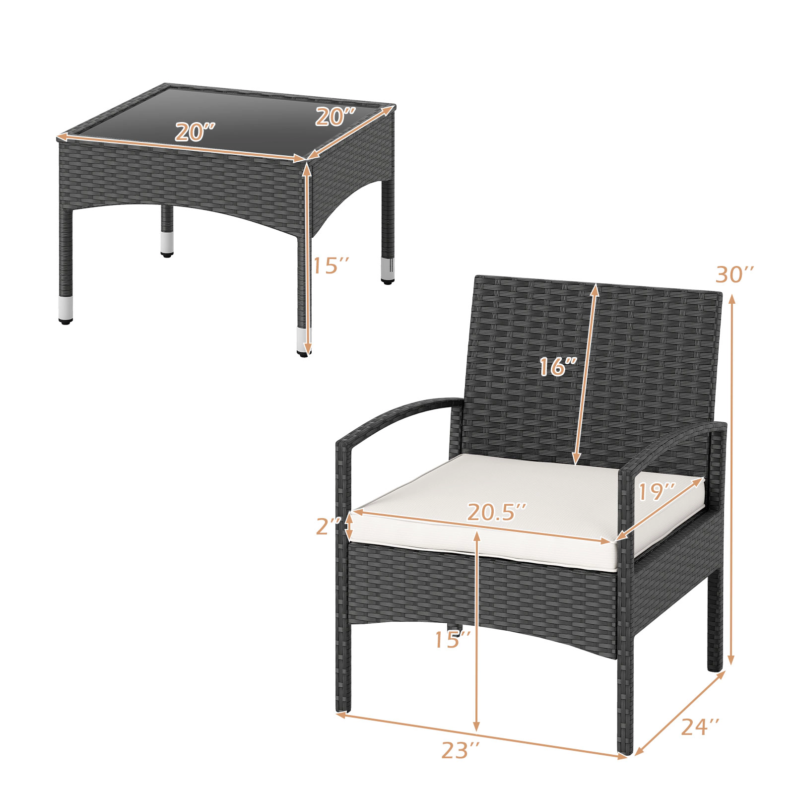 SUGIFT 3-Piece PE Rattan Patio Conversation Set Bistro Chairs & Table 400-lb Chair Capacity Black Rattan Beige Cushions