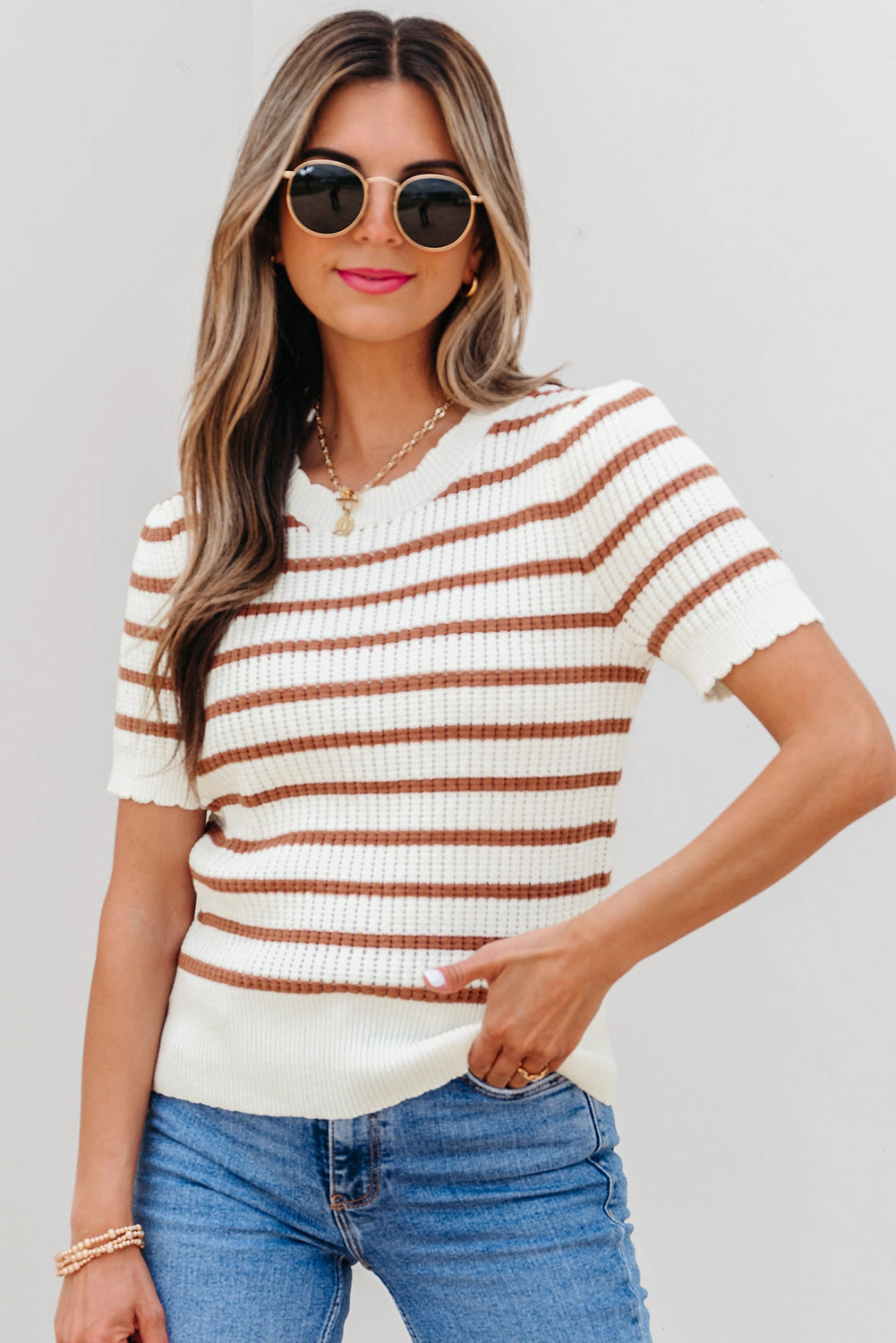 Threaded Pear Women's Eloise Stripe Scalloped Round Neck Short Sleeve Sweater