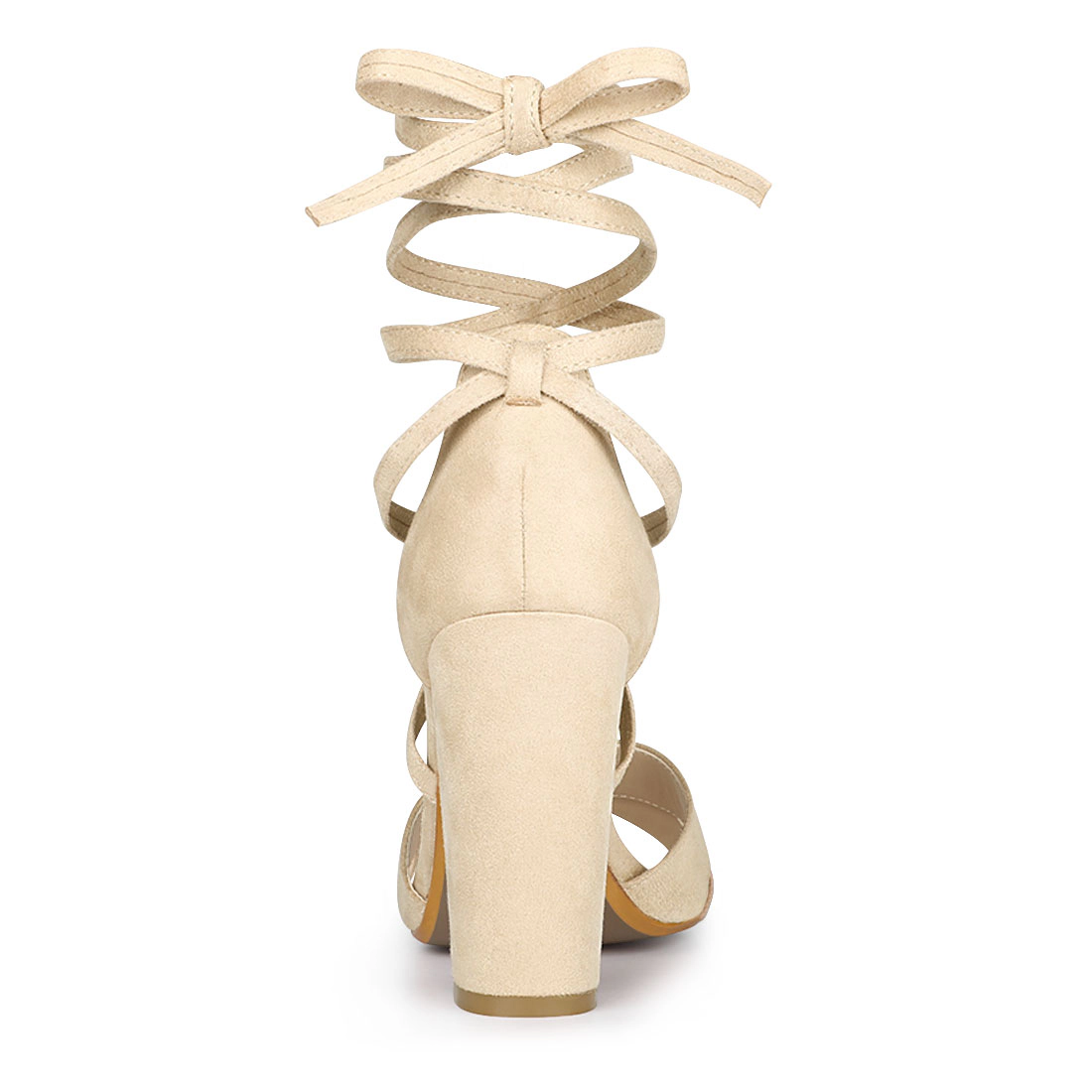 BLISSFUL STEP Women Faux Suede Cushioned Open Toe Block Heeled Lace Up Sandals