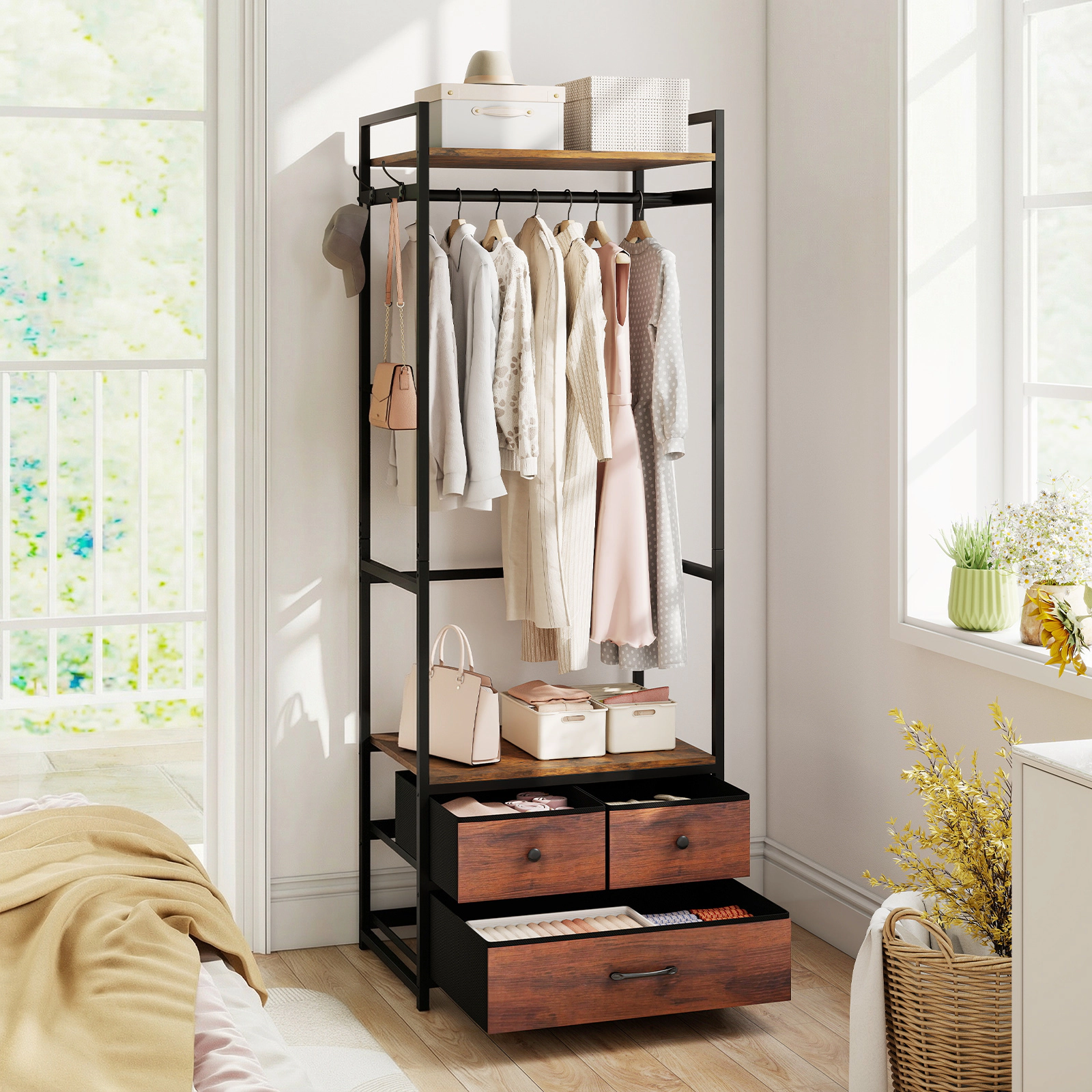 SUGIFT 69-in Tall Industrial Open Wardrobe Clothes Rack with 3 Fabric Drawers Shelves and Side Hooks