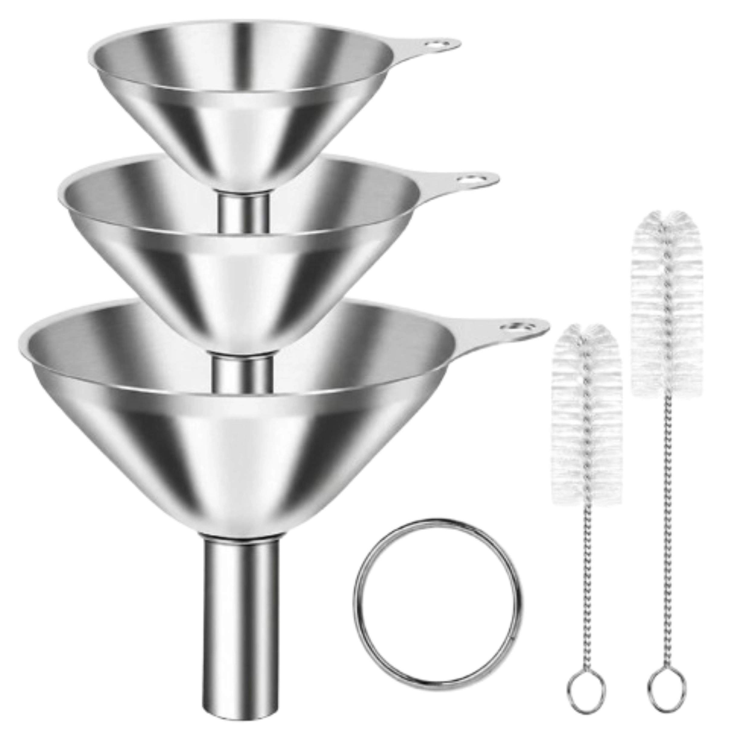 Home Collection 3-Piece Stainless Steel Kitchen Funnel Set with 2 Cleaning Brushes