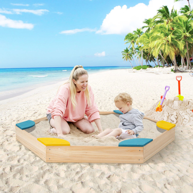 Hivvago Outdoor Solid Wood Sandbox with 6 Built-in Fan-shaped Seats