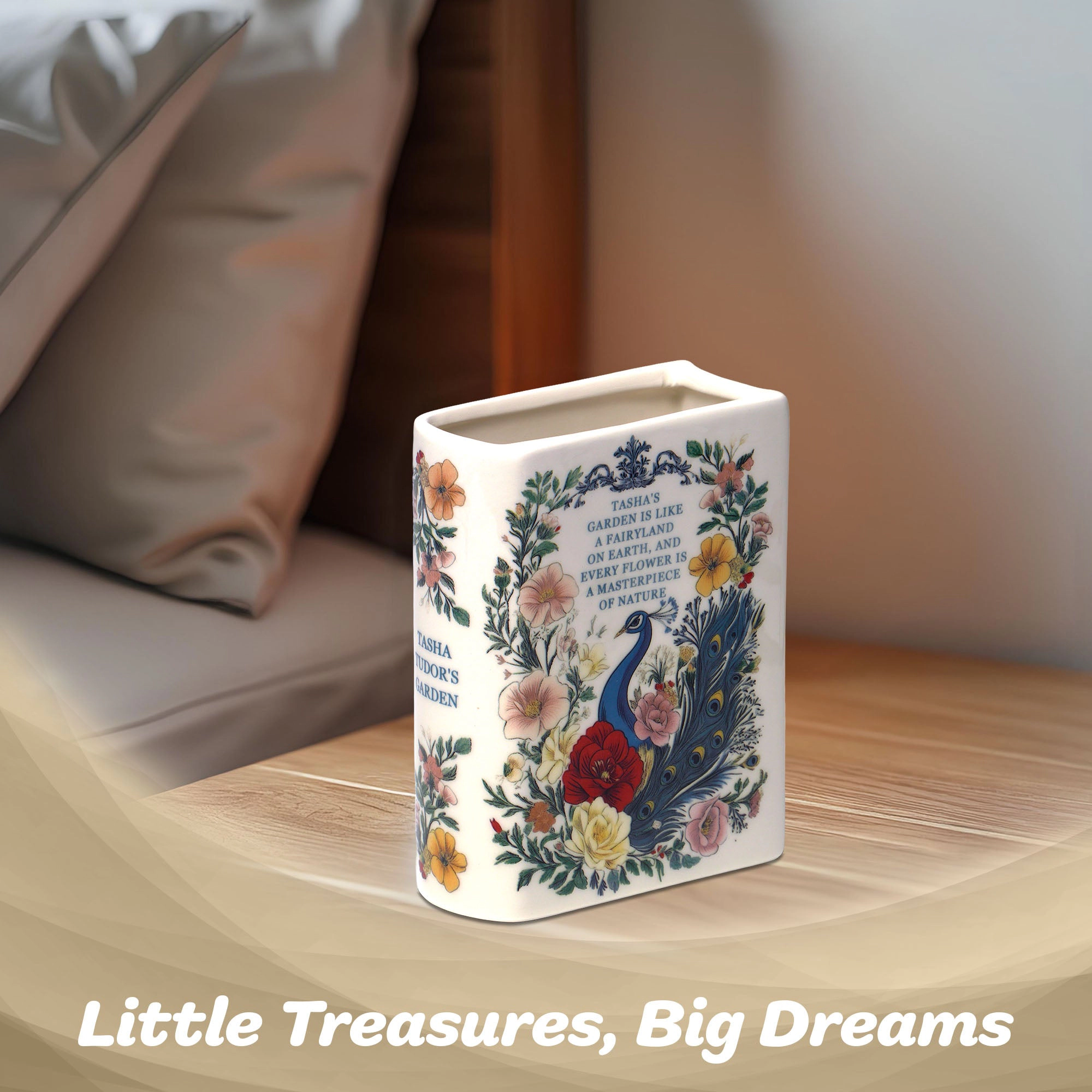 G128 Book-Shaped Ceramic Vase Peacock Pattern - Compact Decorative Flower Vase for Table Desk Office