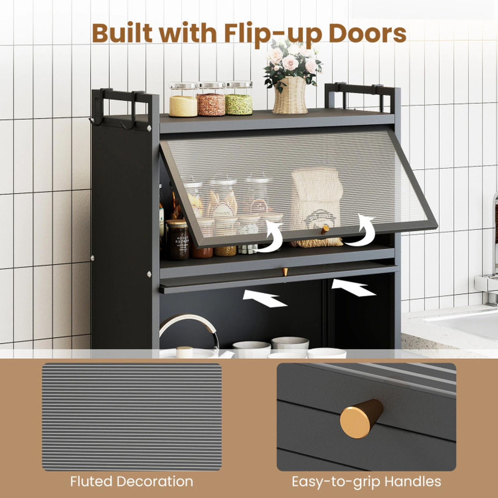 SUGIFT 5-Tier 45-lb Per-Tier 60-in Black Storage Cabinet with 4 Flip-Up PC Doors Rolling Wheels and Guardrails
