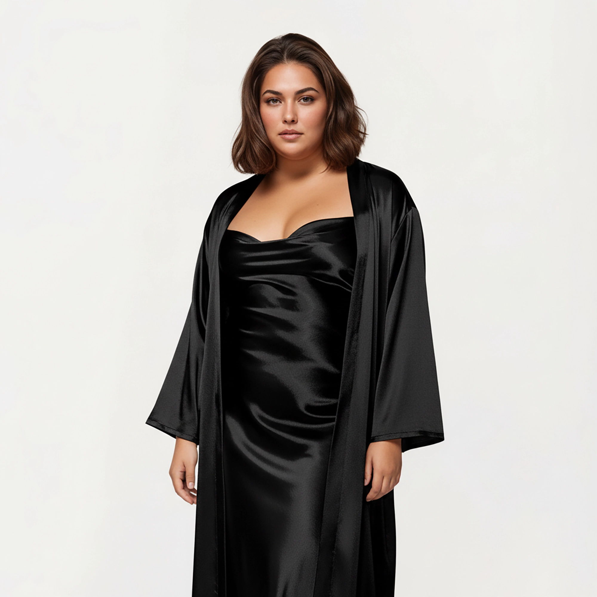Anna-Kaci Women's Plus Satin Robe and Slip Set with Smooth Draping Fabric Elegant Silhouette