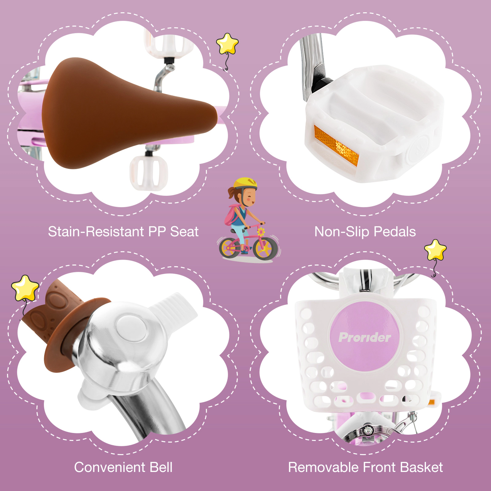 14-in Girls Bike Removable Front Basket Training Wheels Padded Saddle and Dual Brakes for Toddlers Ages 3-5 Purple