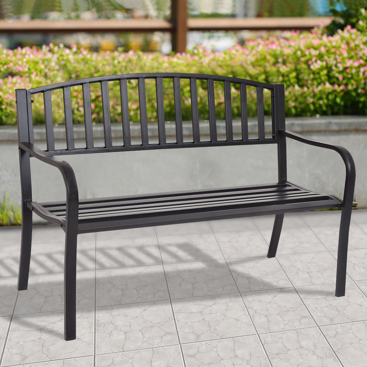 SUGIFT 50-Inch Black Steel Outdoor Garden Loveseat Bench, 500-Lb Capacity, with Armrests