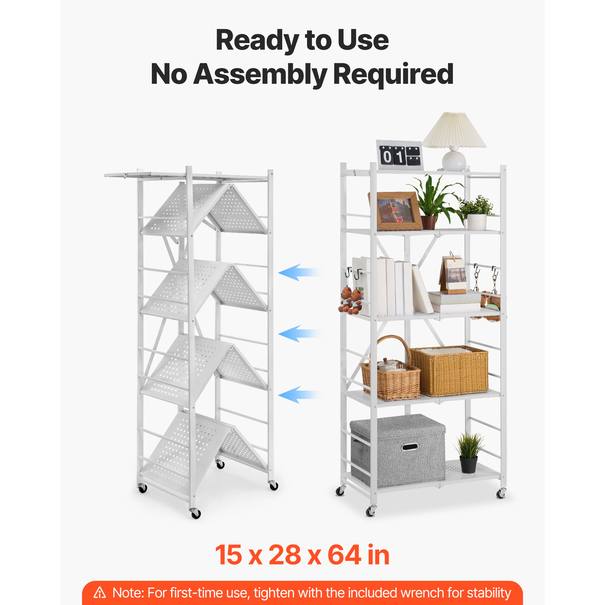 HONGGE Foldable Storage Shelf Folding Metal Rack Shelving Unit No Assembly Organizer Shelf with 5 Wheels & 4 Hooks for