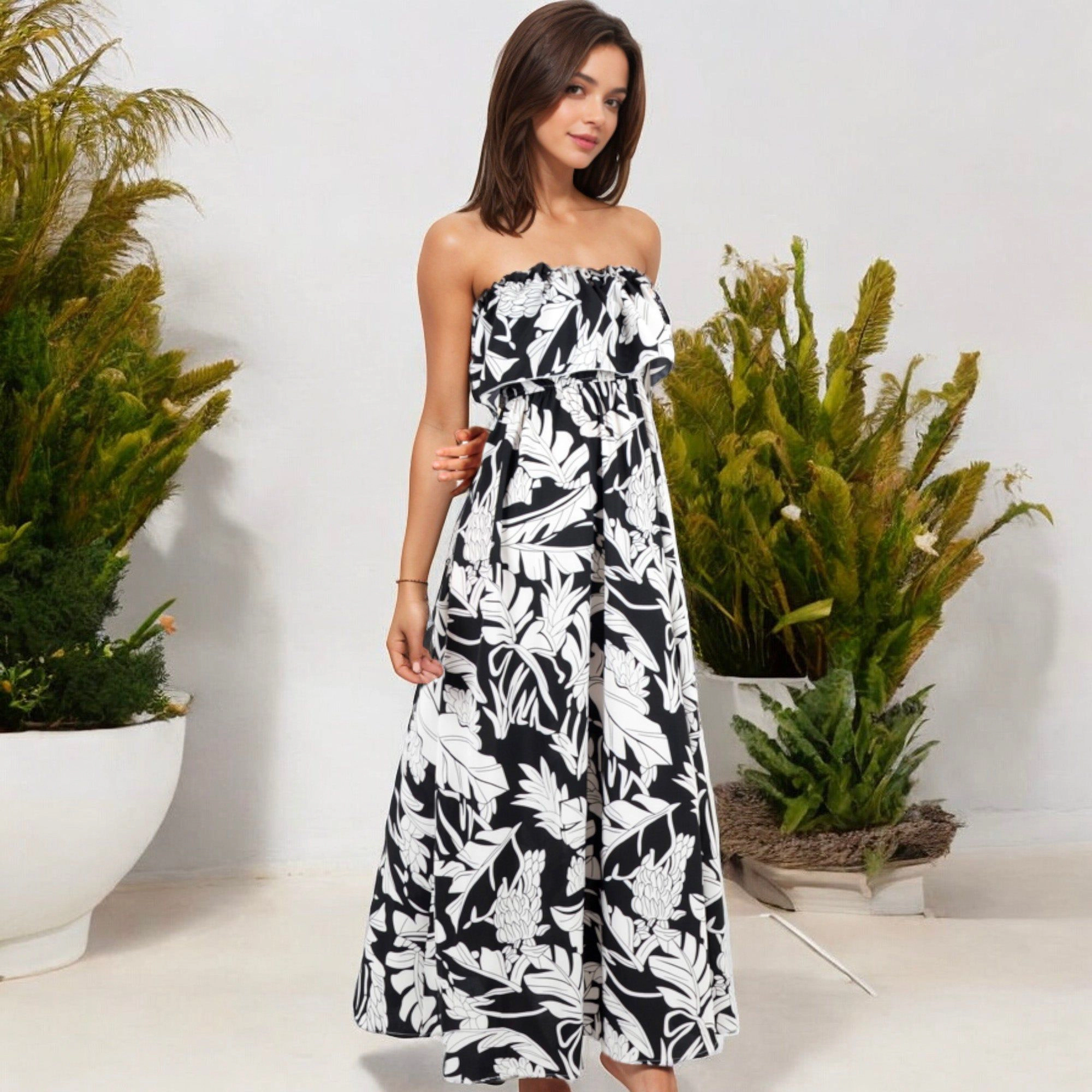 Anna-Kaci Women's Strapless Ruffle Detail Layered Floral Print Flared Maxi Dress