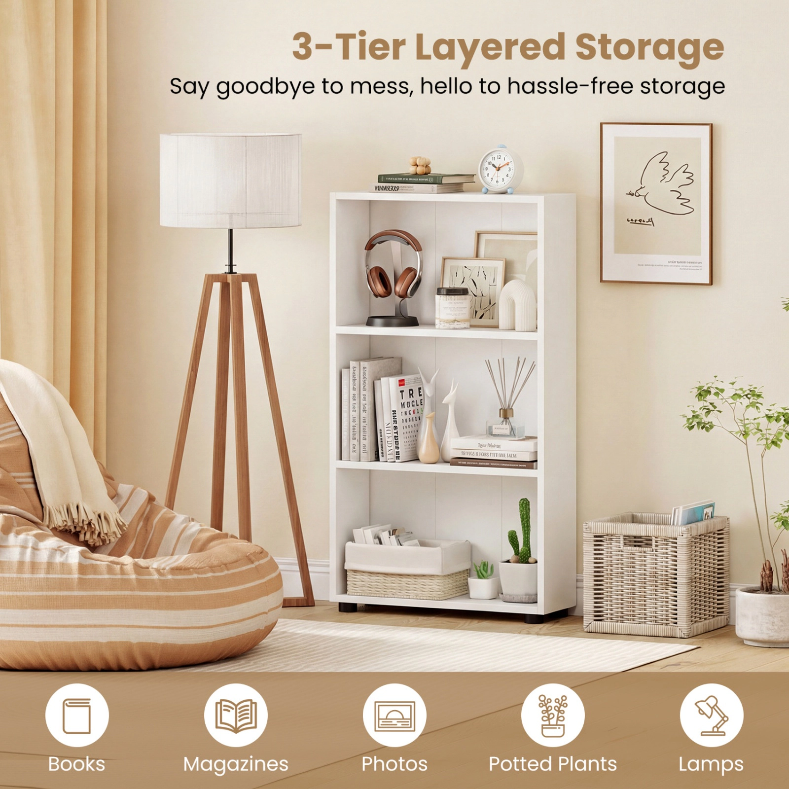 SUGIFT White 3-Tier Bookcase 42 in Tall Book Shelf with Anti-Tipping Kit