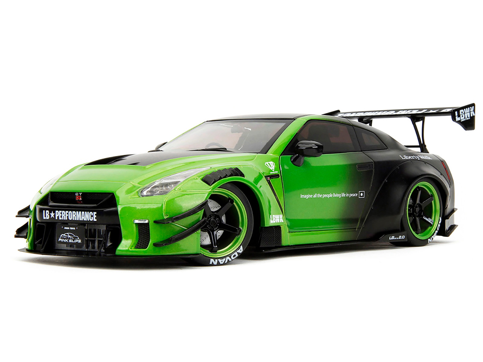 Jada Nissan GT-R (R35) Liberty Walk Body Kit 2.0 RHD (Right Hand Drive) Green and Matt Black "Pink Slips"