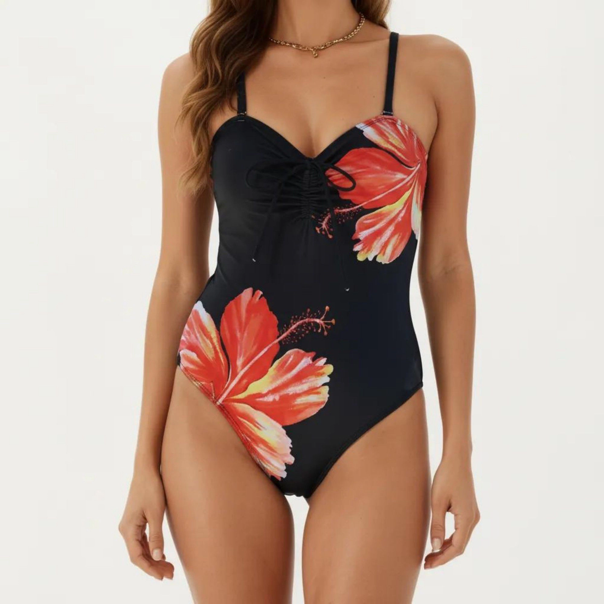 Anna-Kaci Women One-Piece Swimsuit Sweetheart Neck Drawstring Floral Print Slim Fit