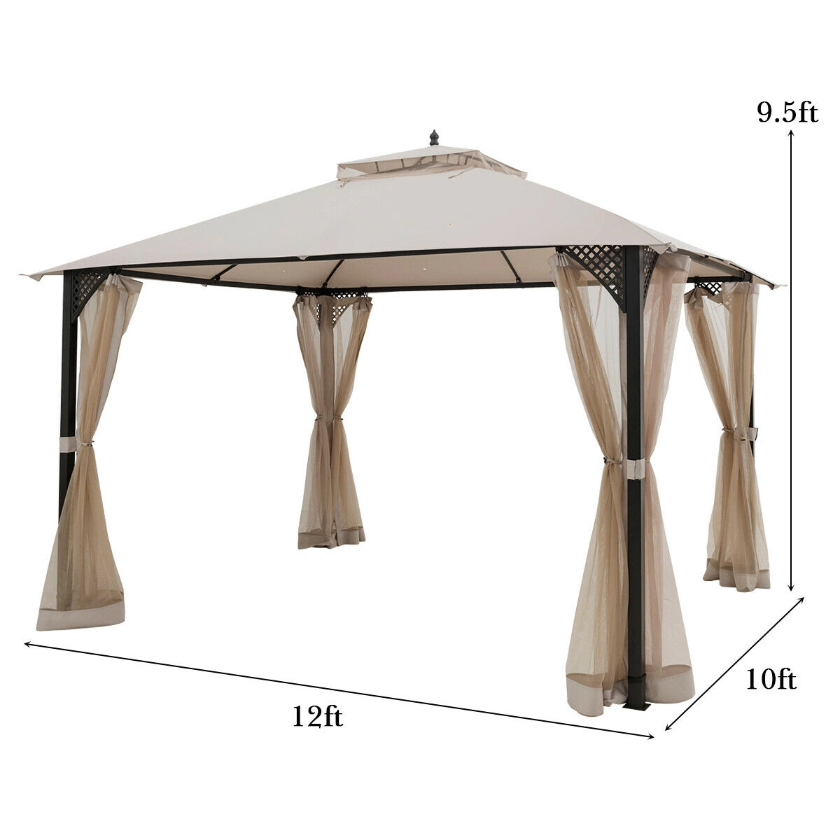 SUGIFT Beige Steel Frame and 8 Ground Stakes 12 x 10 ft Outdoor Double Top Patio Gazebo