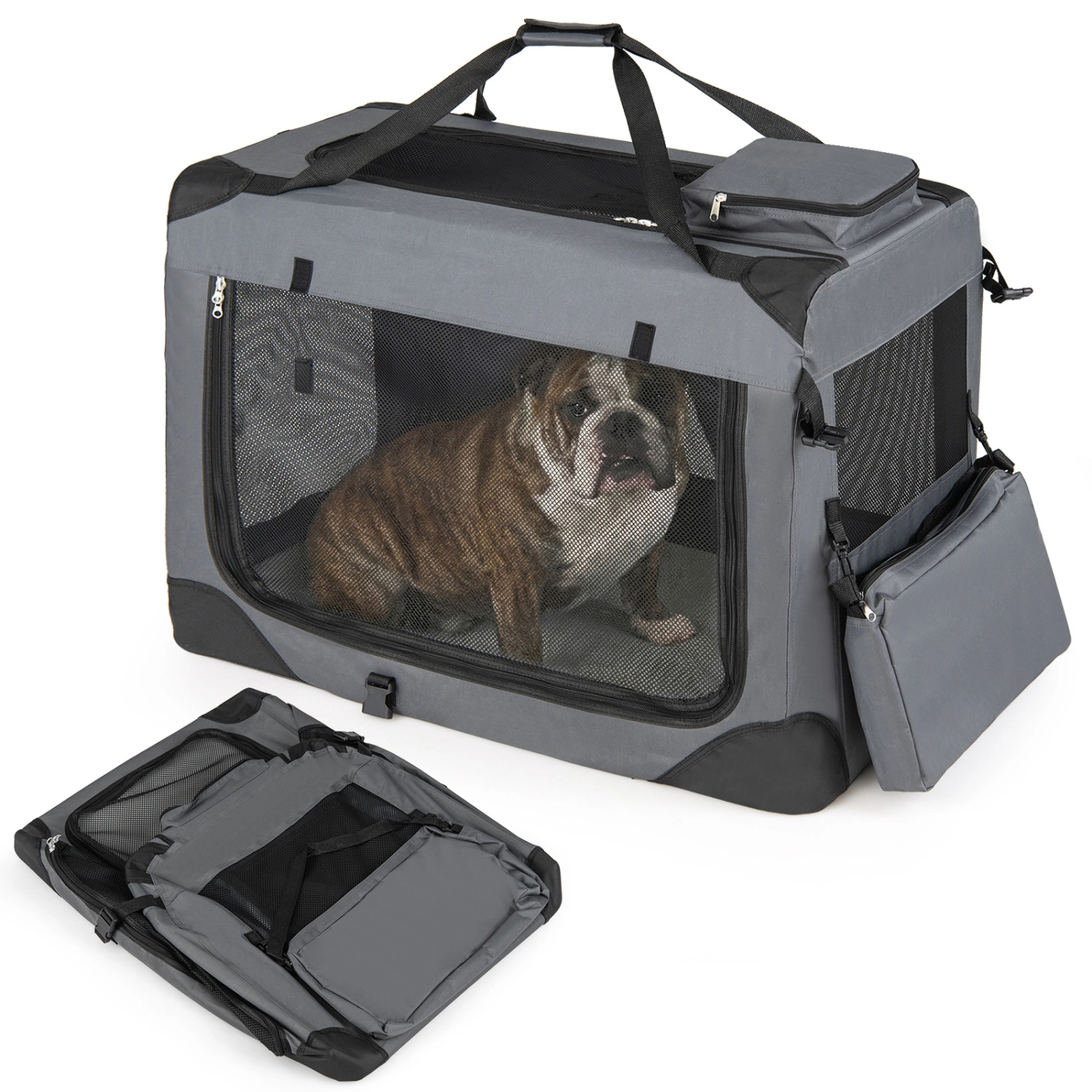 SUGIFT 36-in Gray Collapsible Soft Dog Crate with Fleece Bed Mesh Windows and 3 Doors 25-in W 25-in H