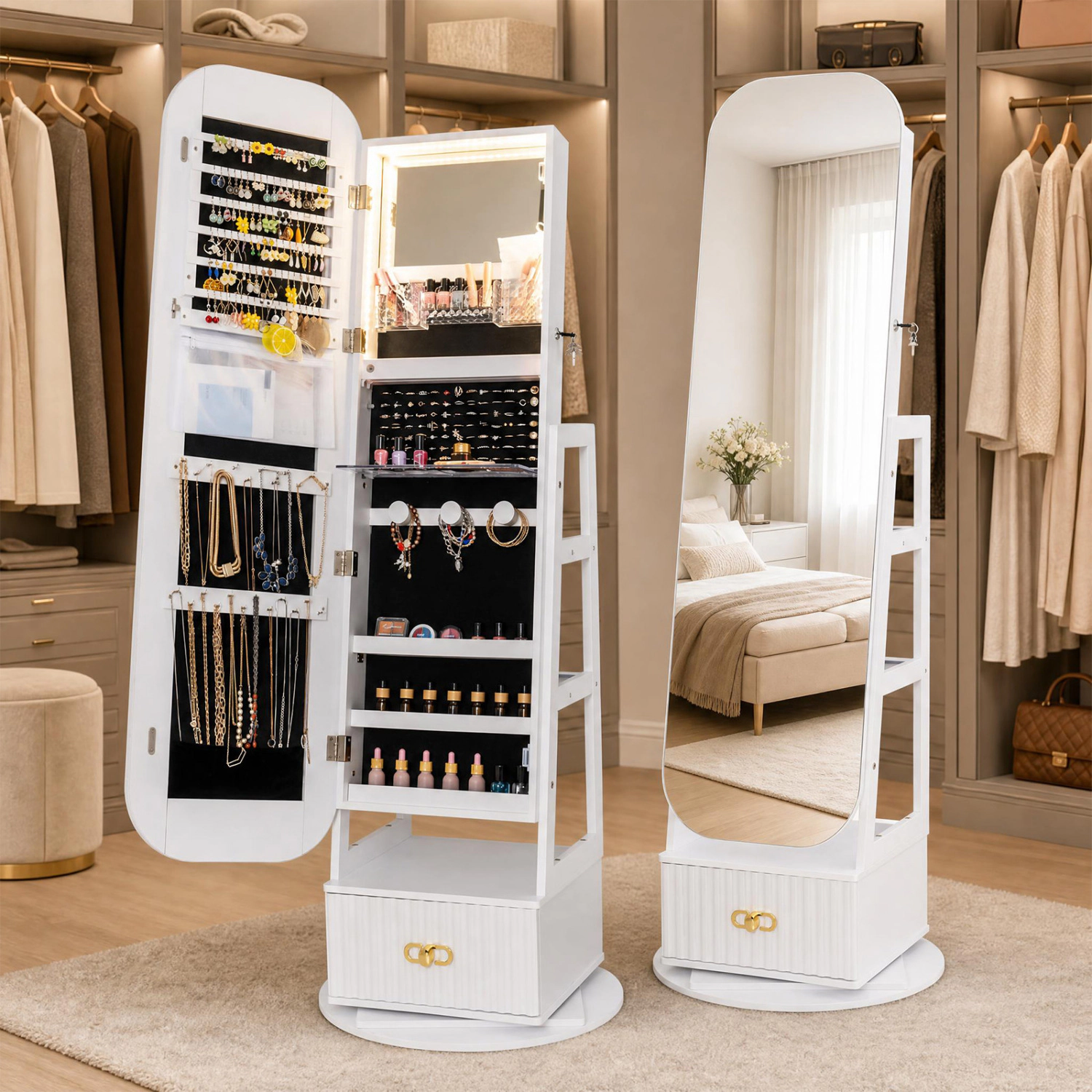 LJG Swivel Jewelry Cabinet with Full-Length Mirror and LED Lights and Storage Shelves