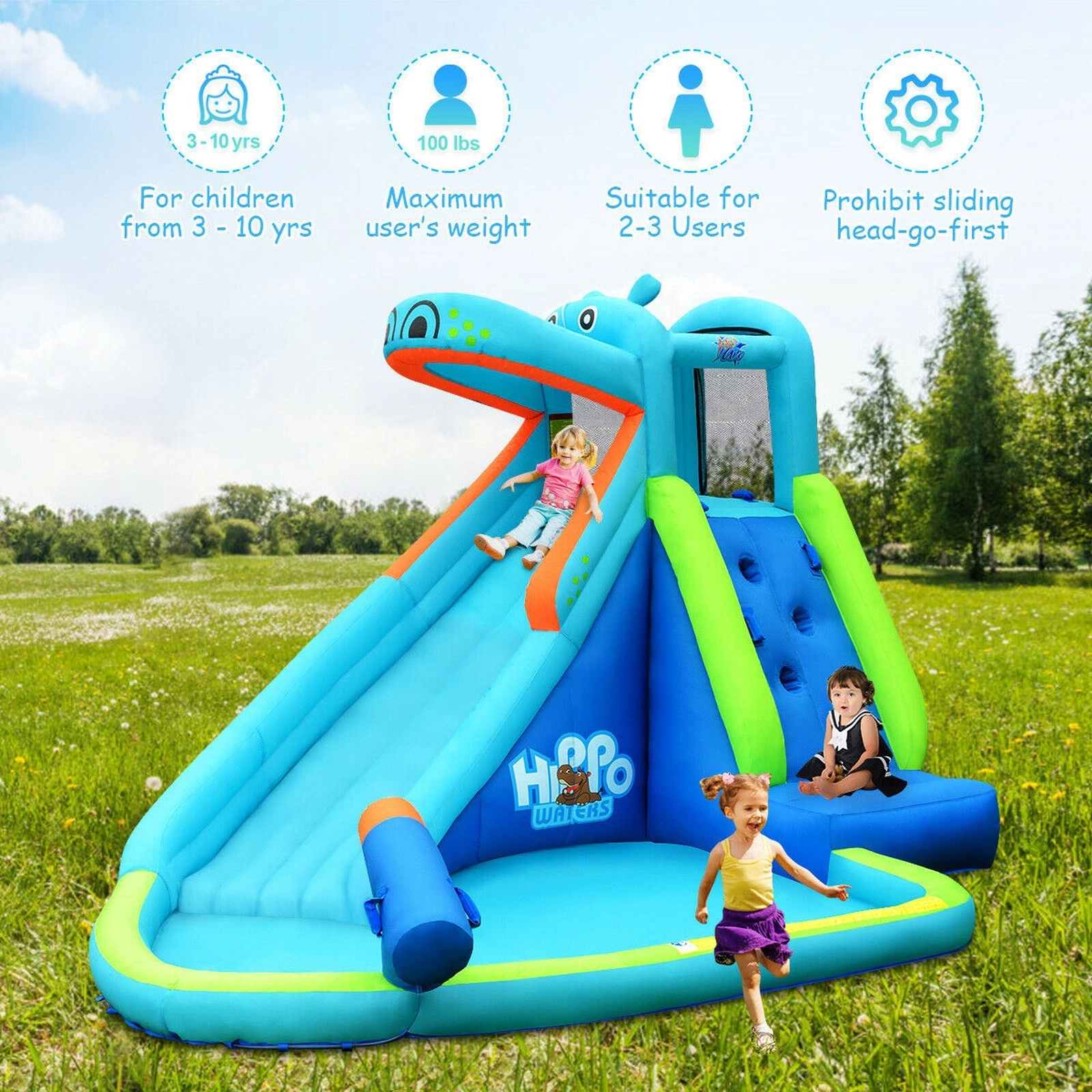 SUGIFT Blue Hippo Inflatable Water Slide Bounce House with Splash Pool Climbing Wall and 740W Blower