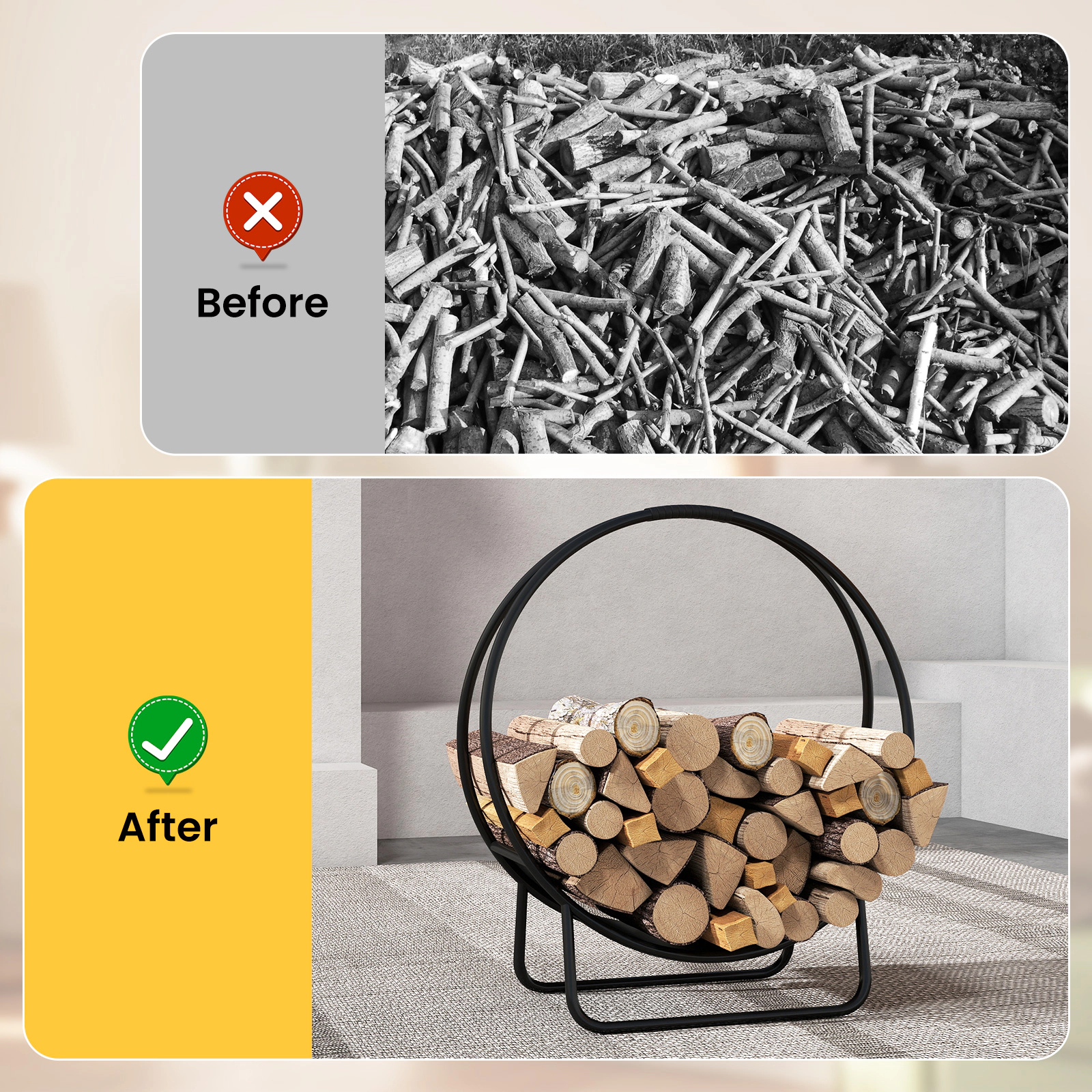 Hivvago Firewood Log Hoop 20 Inch Round Heavy-Duty Metal Curved Log Rack With Stand