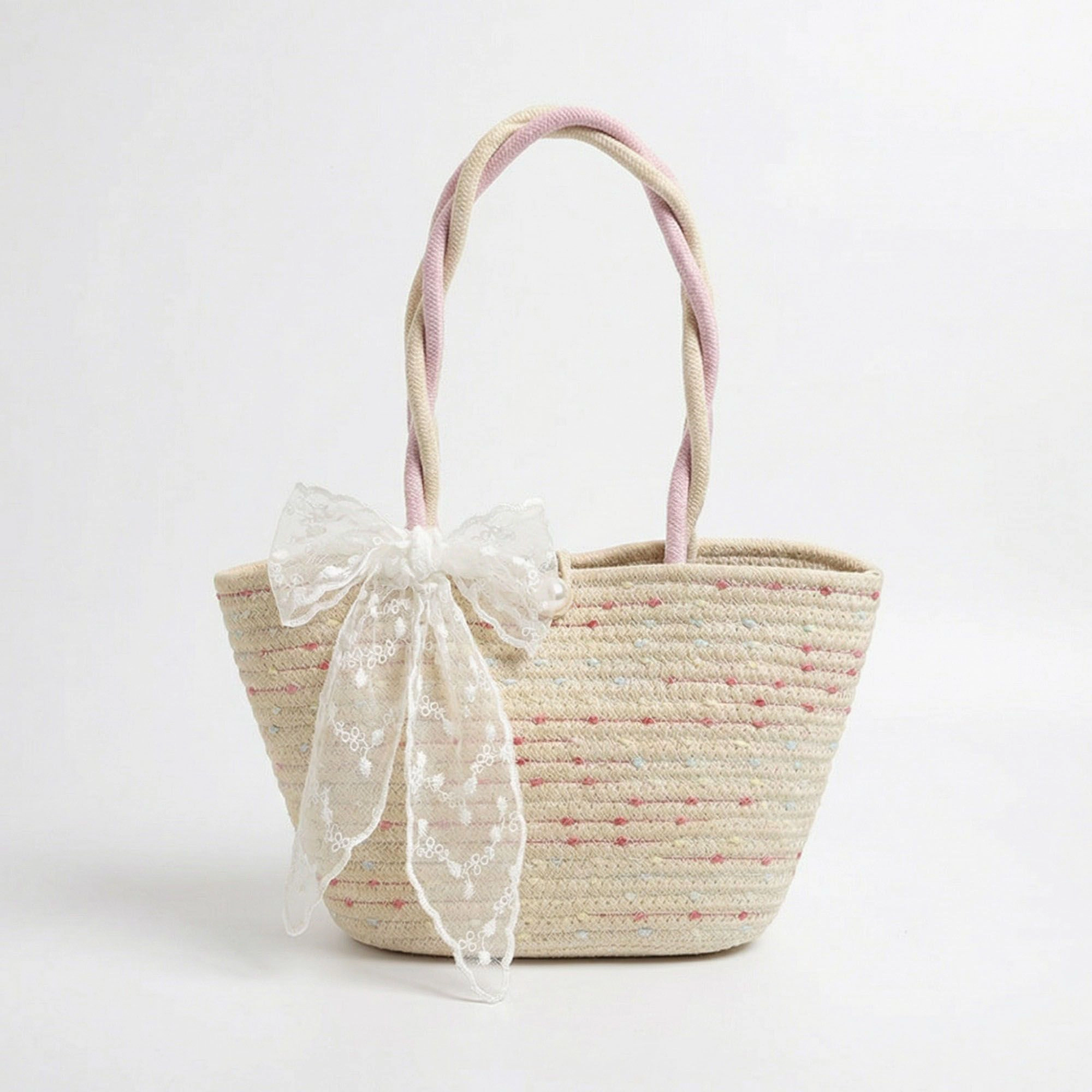 Alilang Women's Woven Straw Handbag with Lace Bow Accent Dual Top Handles and Structured Mini Tote Design
