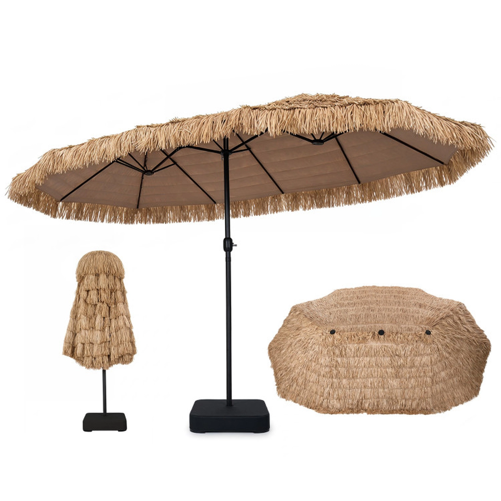 SUGIFT Brown 12 Ribs and Weighted Base 15 x 9 FT Solar Double-Sided Thatched Patio Umbrella