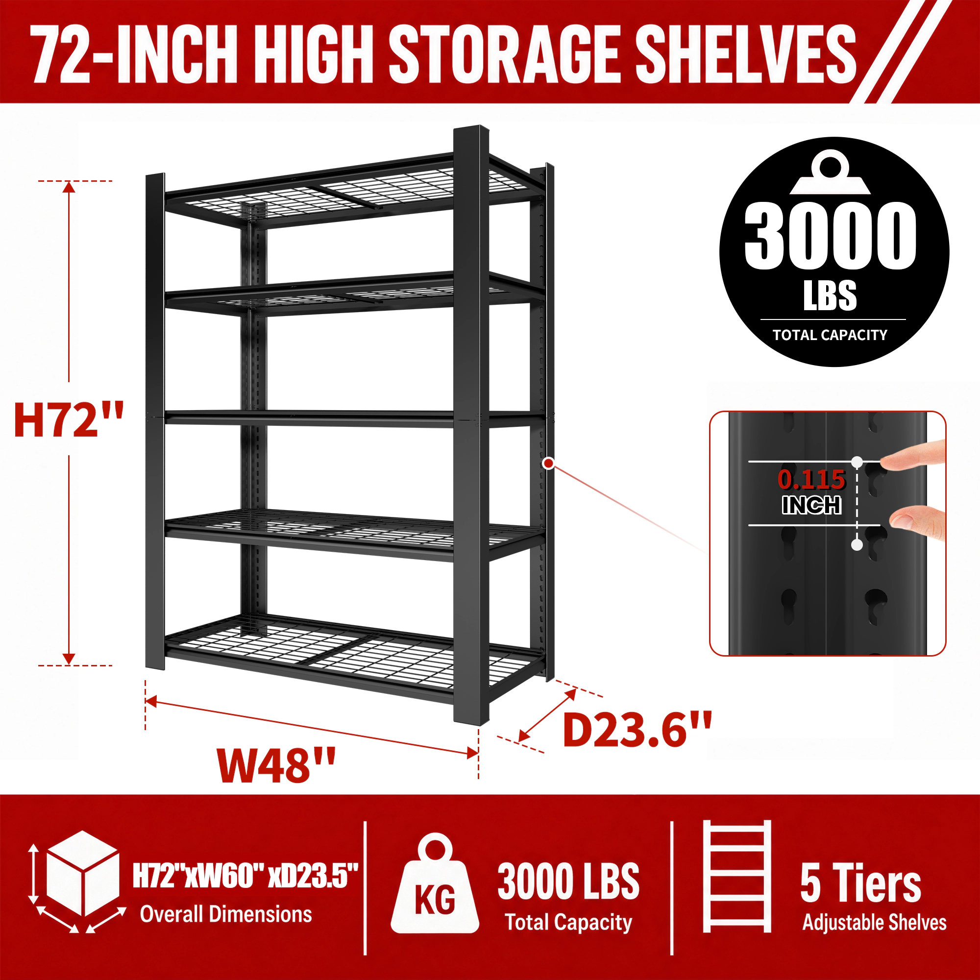 Flynama 5 Tier x 23.6 x 72 in Metal Mesh Rack 3000 LBS Adjustable Heavy Duty Shelf for Pantry Garage and Kitchen