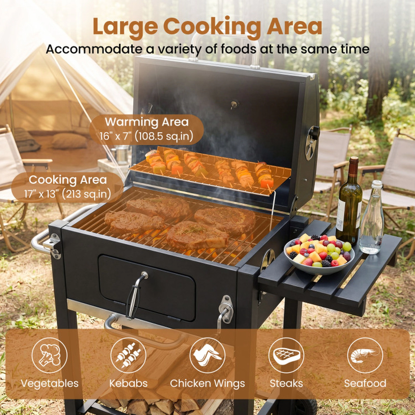 SUGIFT Portable Black Charcoal Barbecue Grill with Adjustable Charcoal Tray Thermometer and Wheels