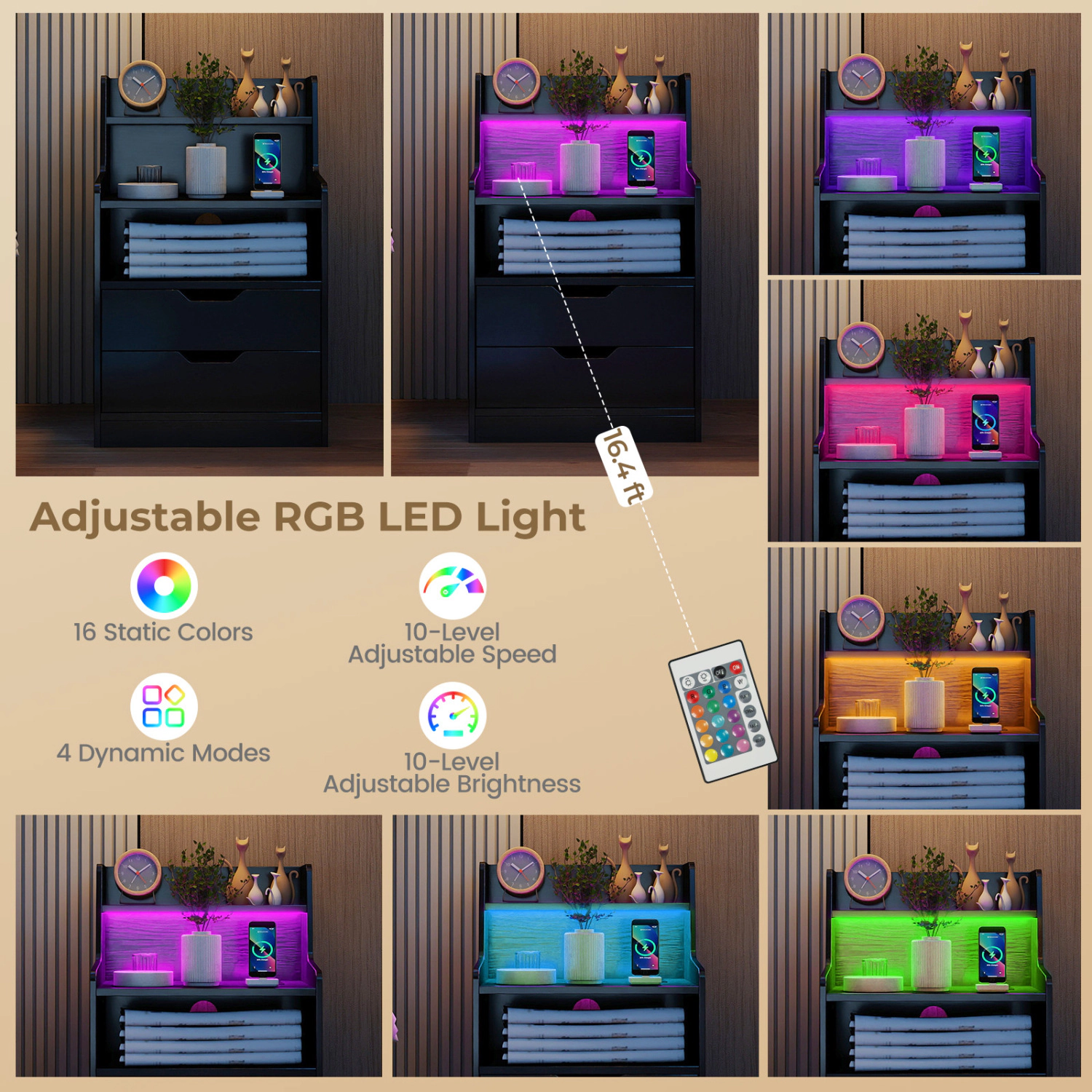 Glintex 28.5-Inch LED Nightstand with 60000-Color RGB Music Sync and Charging Station