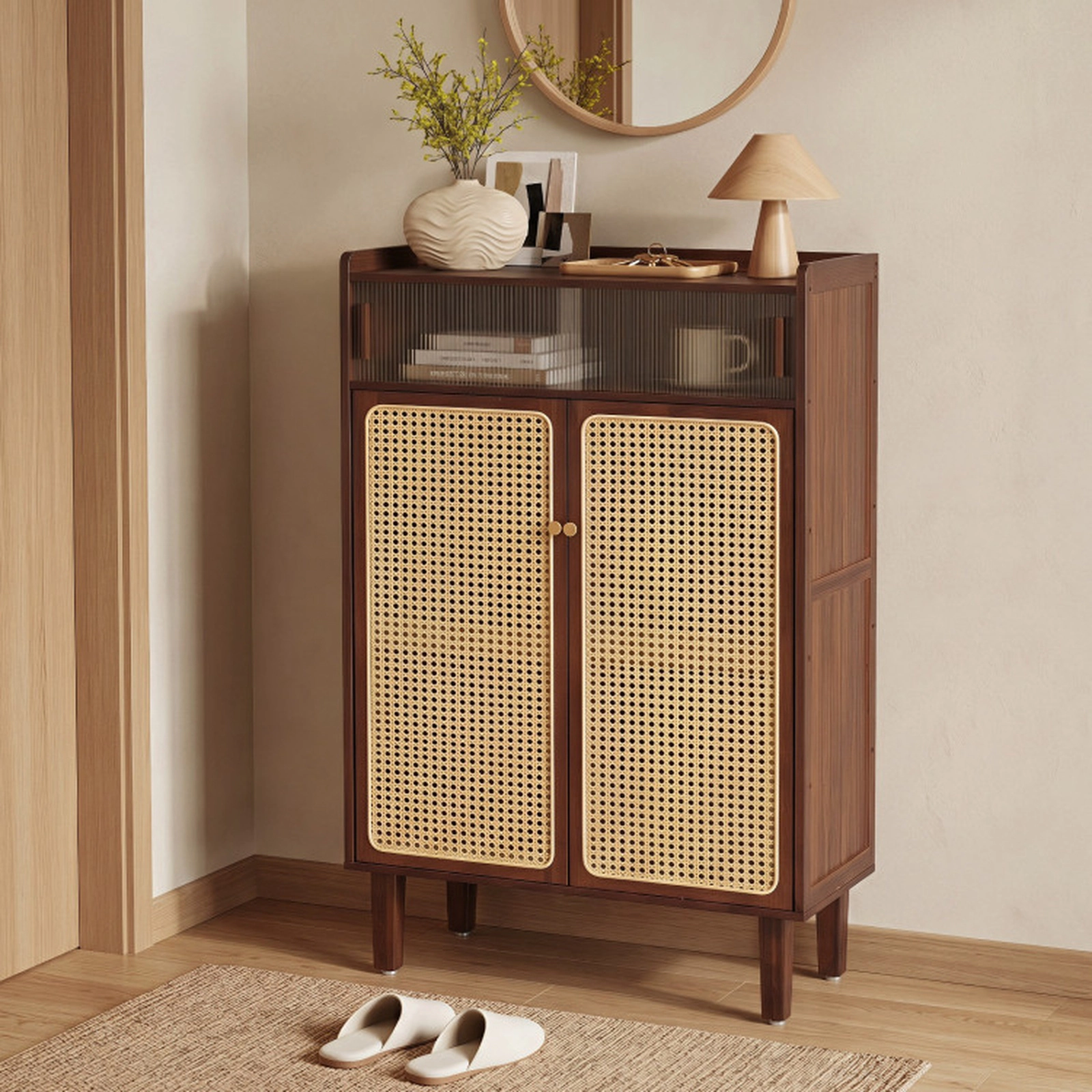 SUGIFT 5-Tier Walnut 42-in Bamboo Shoe Cabinet with Rattan Sliding Doors for Entryway Shoe Storage