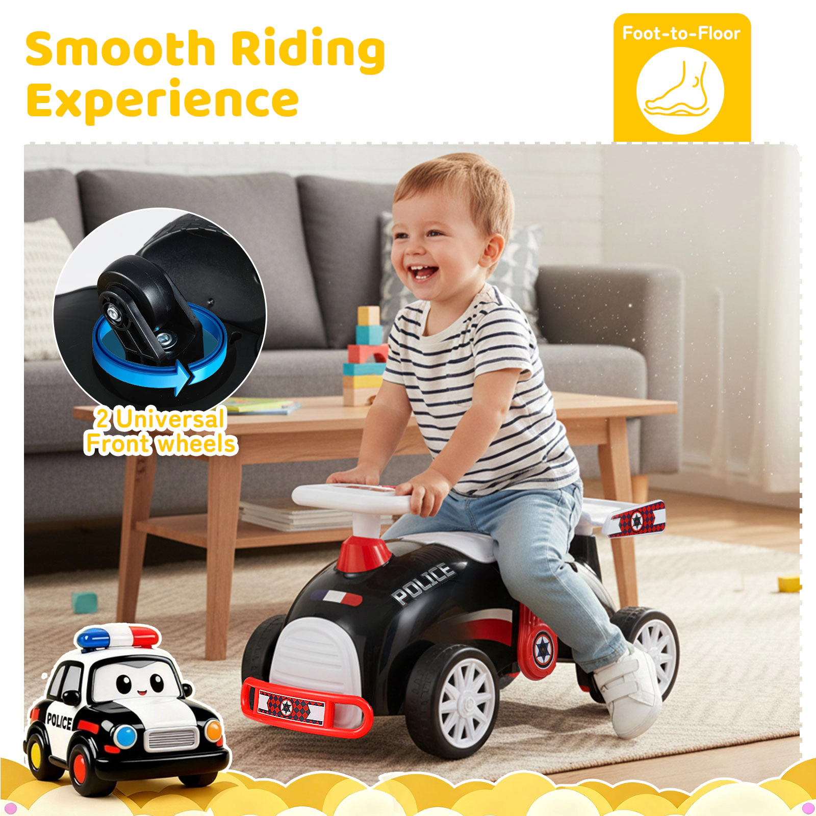 SUGIFT Black Toddler Ride-On Sliding Car with 12 Songs Under Seat Storage and Universal Wheels 33-lb Rider