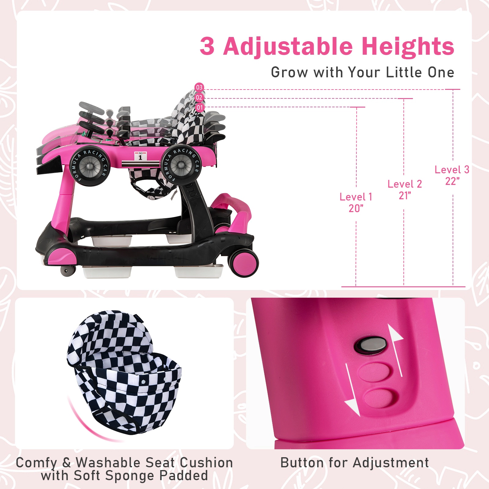 SUGIFT 4-in-1 Foldable Activity Push Walker with Adjustable Height 25-lb Capacity Ages 6-18 Months Pink