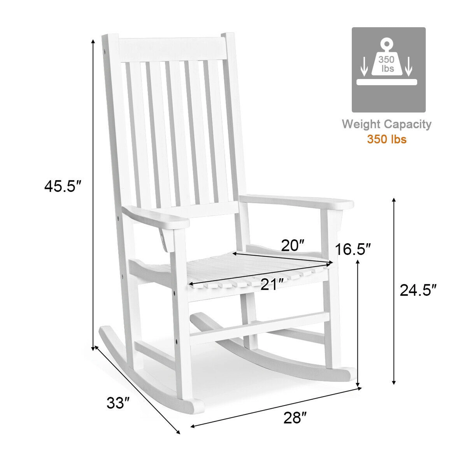 SUGIFT Indoor Outdoor Acacia Wood High Back Rocking Chair 350-lb Capacity 33 x 28 x 45.5-in Frame 21 x 20-in Seat White