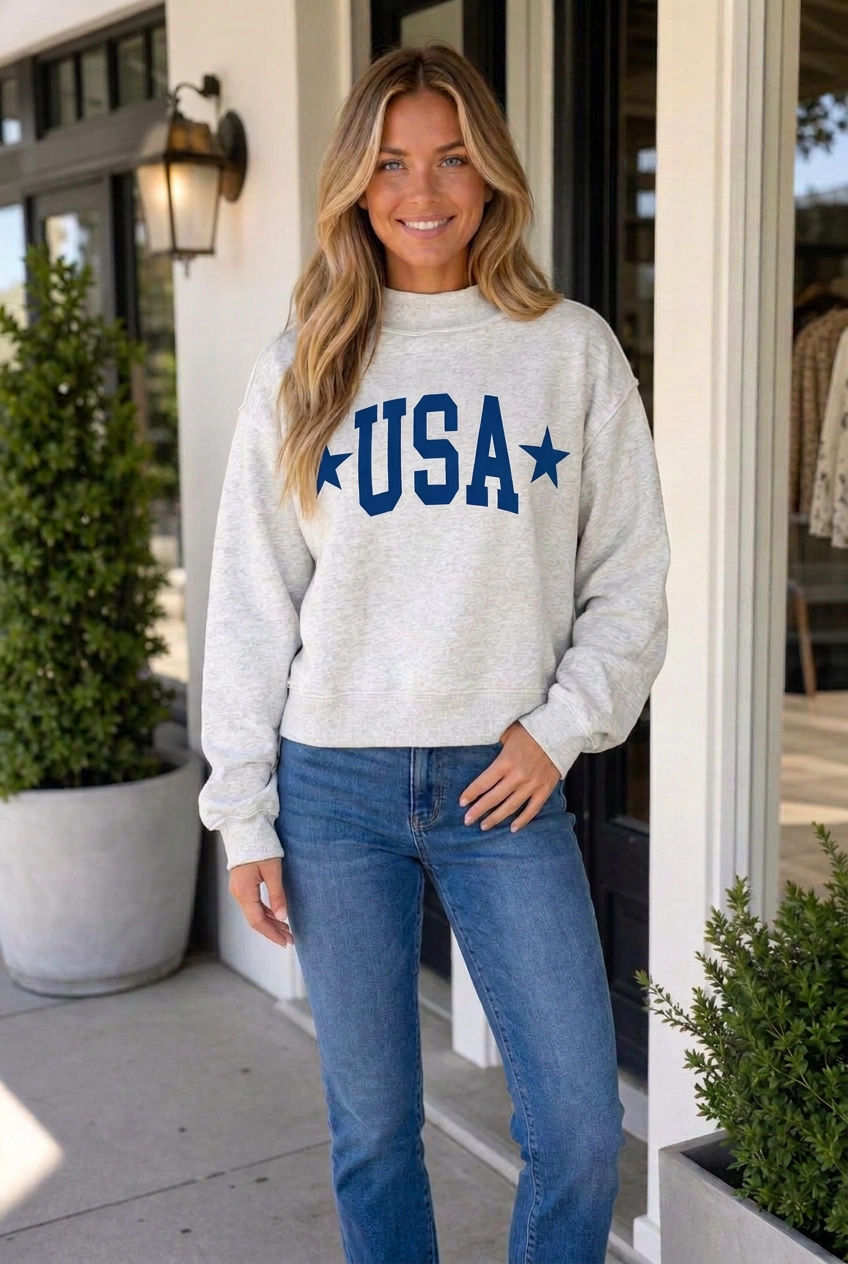 Threaded Pear Women's Regeena Mock Usa Slogan Pullover