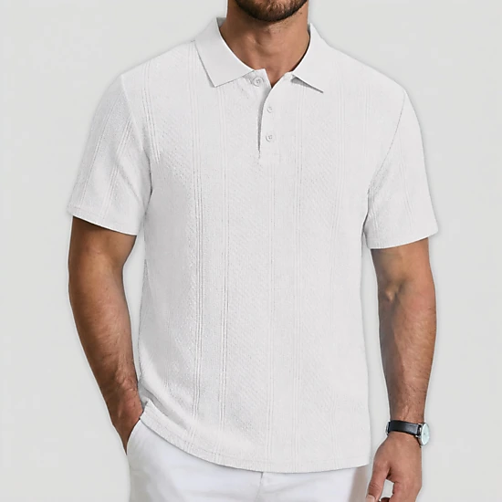 COOFANDY Mens Textured Polo Shirts Short Sleeve Button Collar Striped Casual Tops