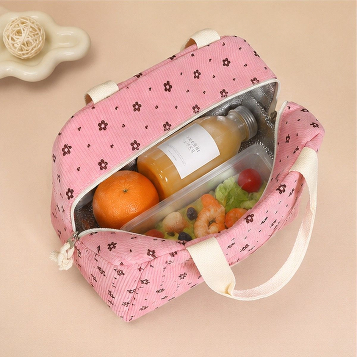 Alilang Women's Floral Corduroy Insulated Lunch Tote Bag with Front Pocket and Zip Closure, Ivory Strawberry