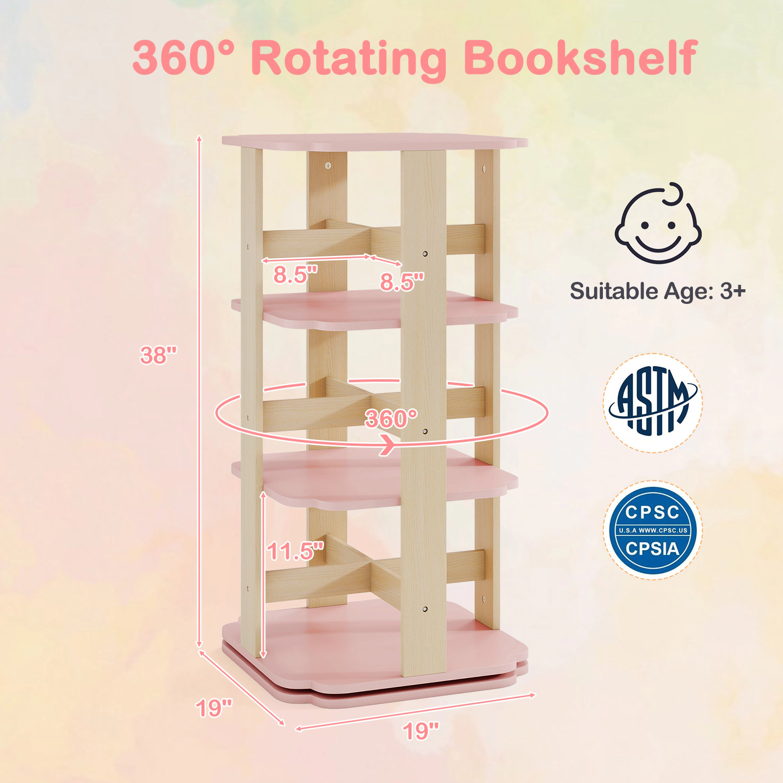 SUGIFT 3-Tier Rotating Corner Toddler Book Rack Toy Organizer with 12 Sectors 38-in Tall Ages 3+ Pink MDF
