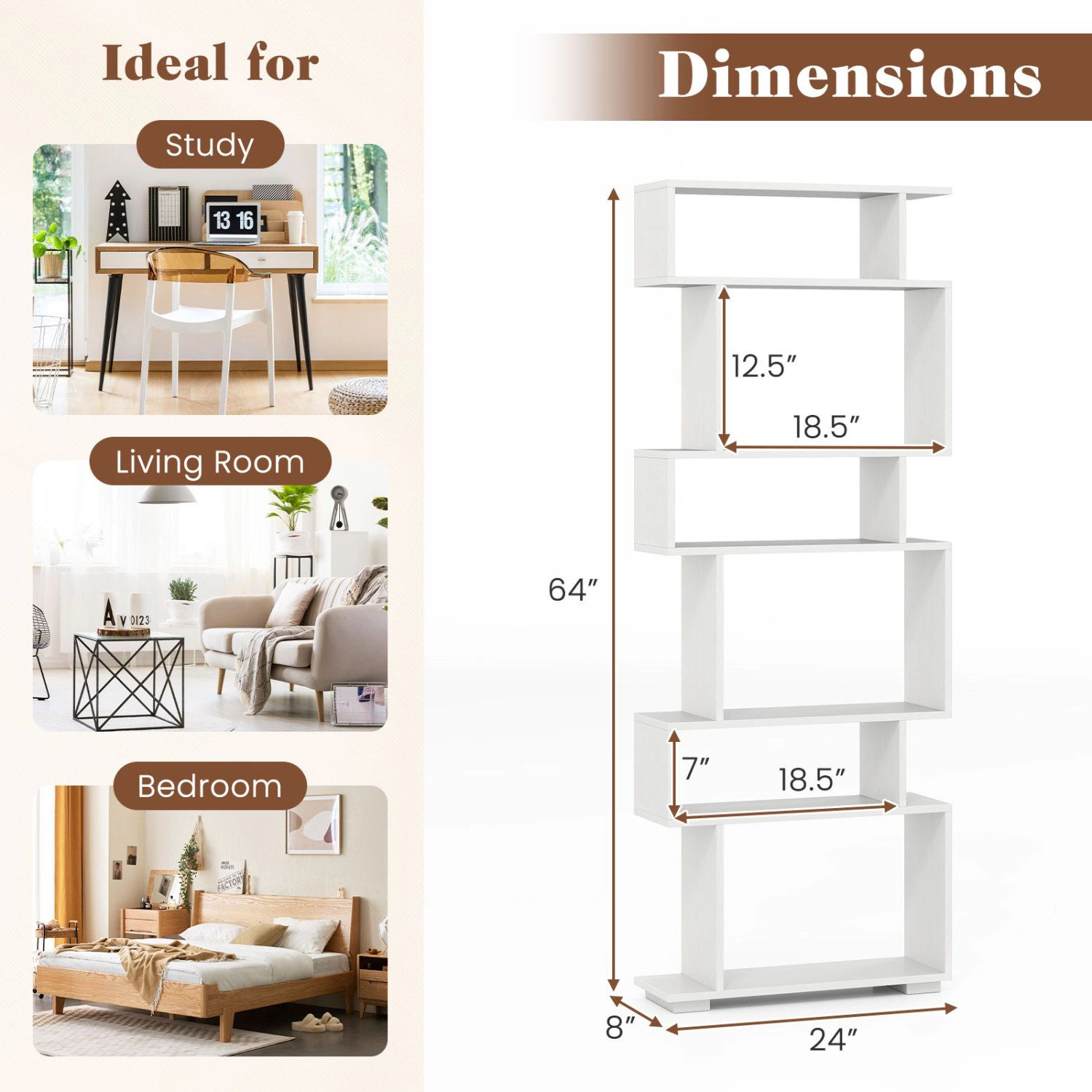 SlickBlue Modern 6-Tier Geometric Bookshelf with Open Shelves