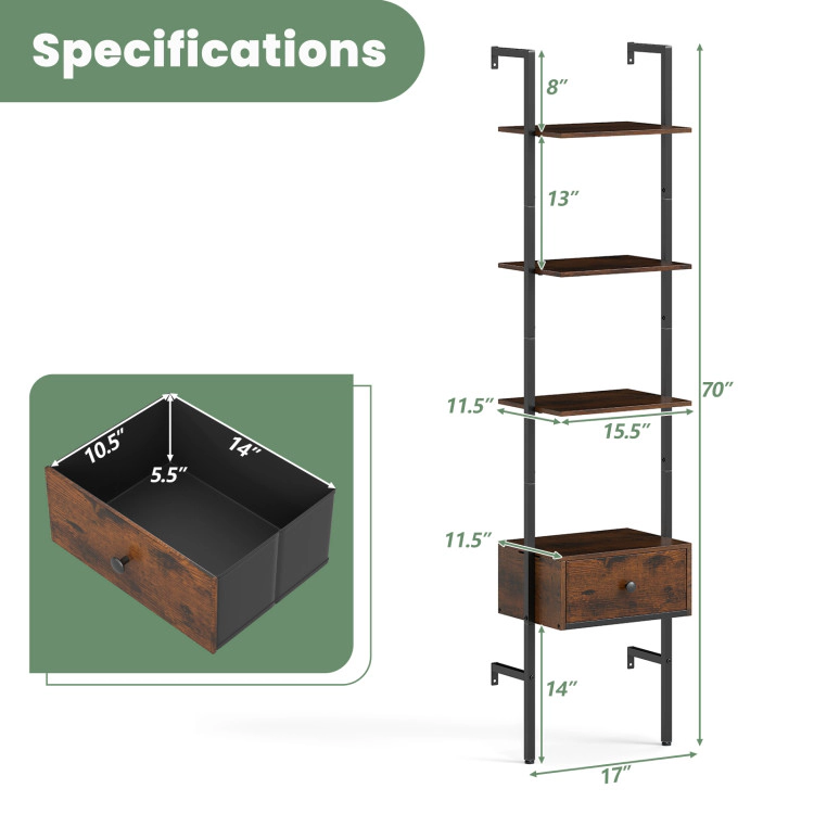 Hivvago 5-Tier Ladder Bookcase with Drawer and Metal Frame for Study Home Office