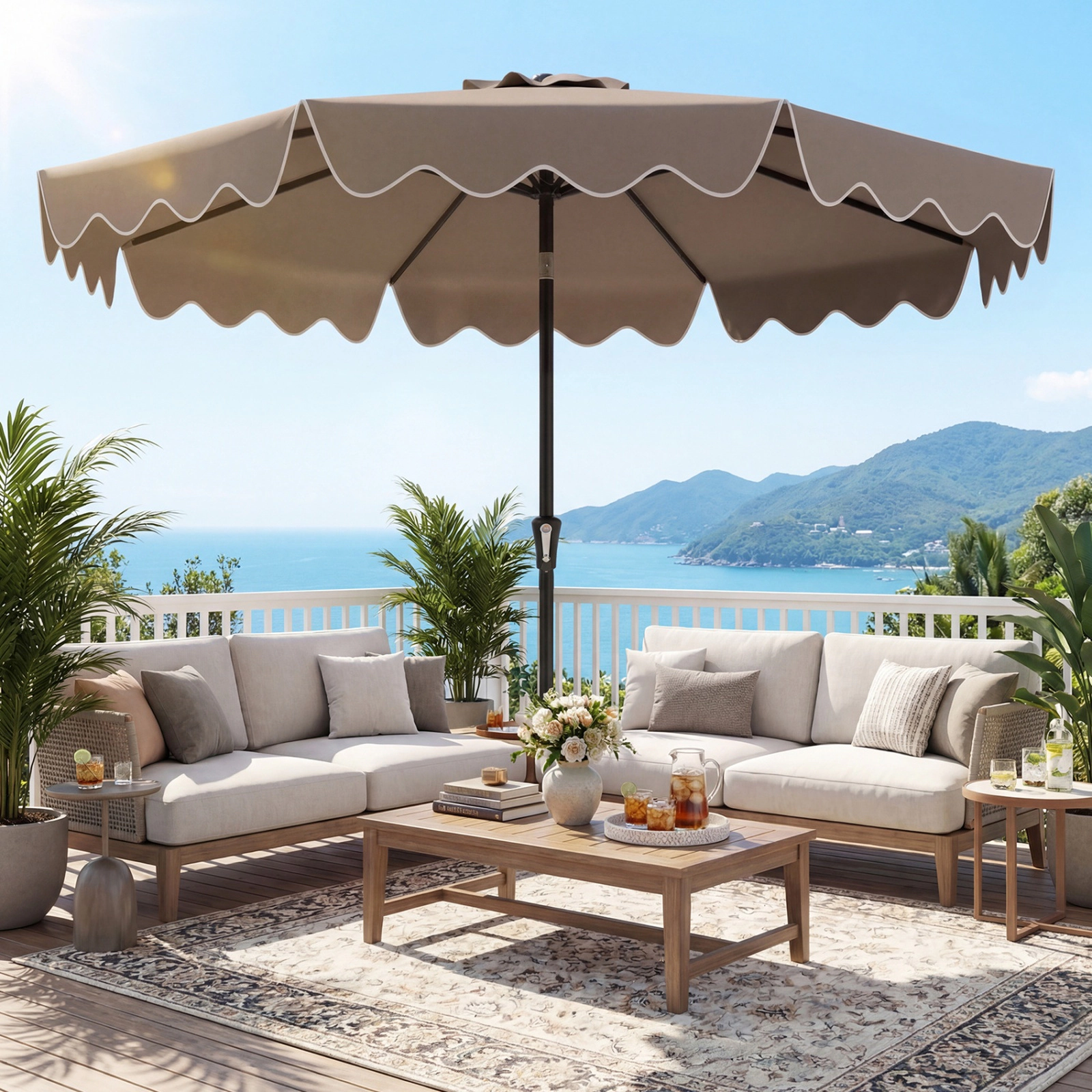 SUGIFT 9-ft Double-Tier Ruffled Patio Umbrella Weighted Base & Sandbags 9 x 8 in Polyester Canopy 17-lb Umbrella Brown