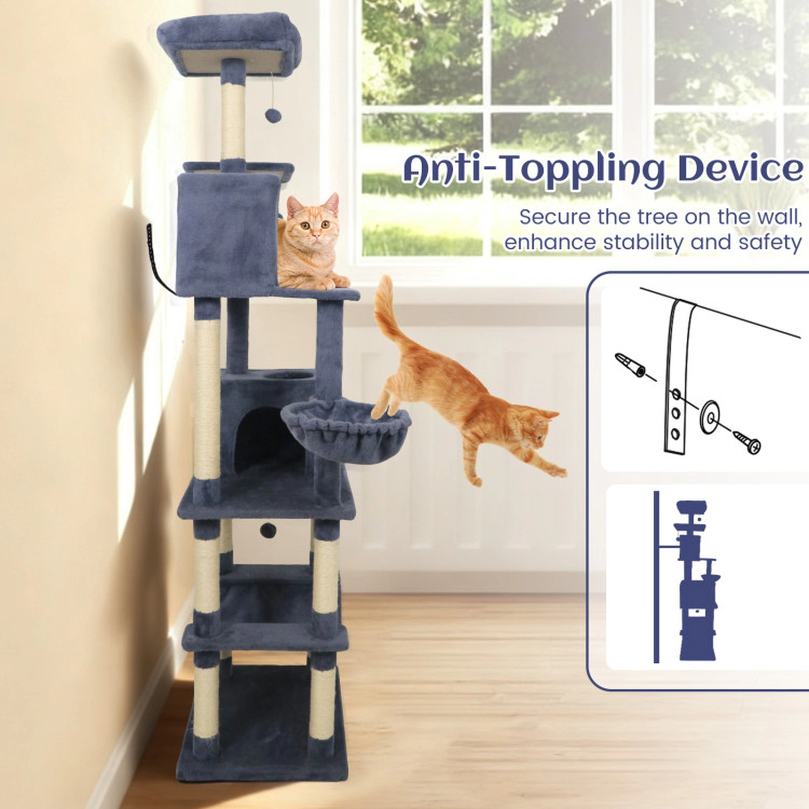 SUGIFT 80-in Tall Multi-Level Cat Tree 2 Large Condos, Hammock, Basket & Dangling Toys 33-lb Capacity per Layer Dark