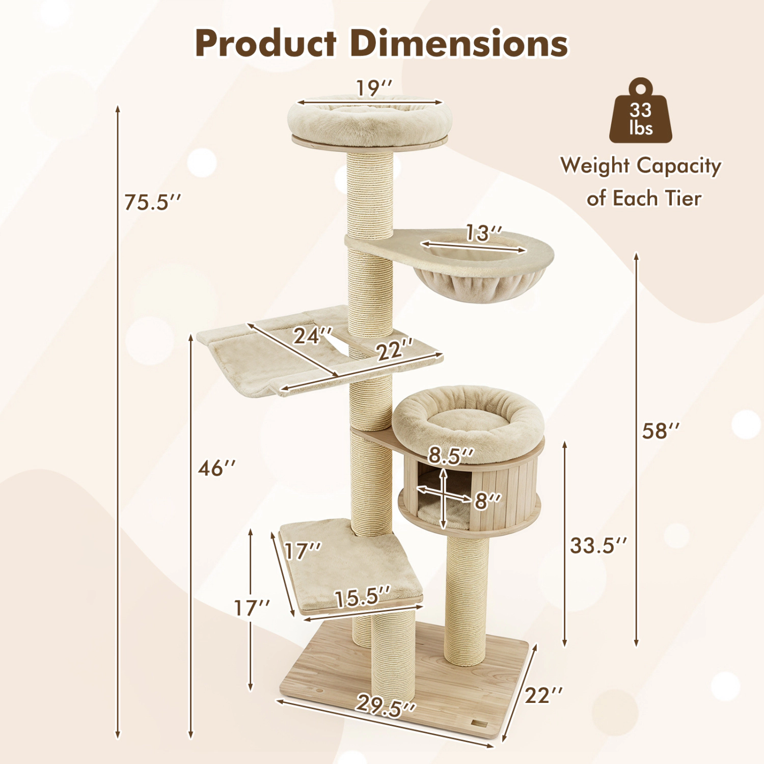 LJG 75.5" Tall Cat Tree with 7 Sisal Posts & Hanging Basket and Hammock for Indoor