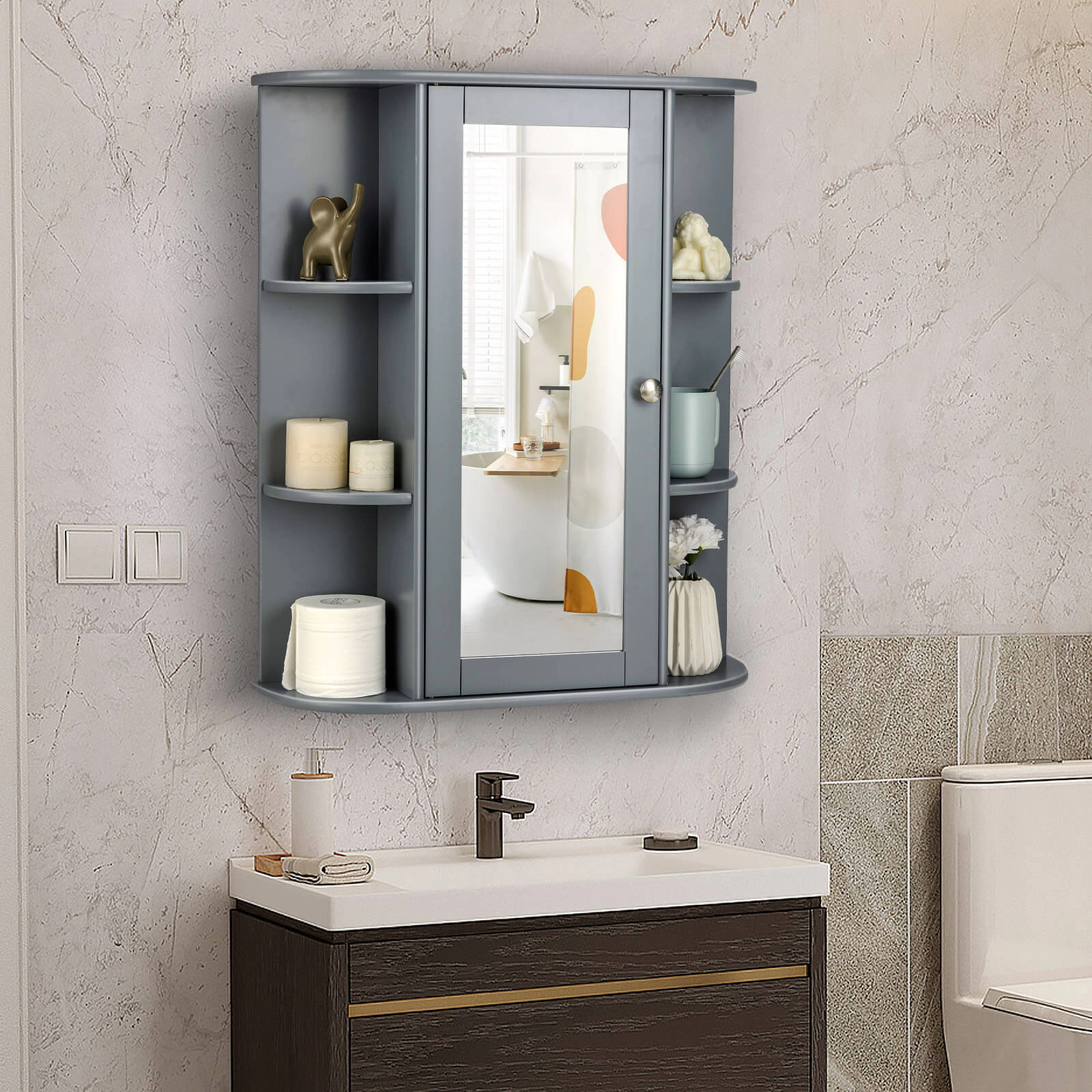 SUGIFT Gray 80-lb Capacity Wall Mount Bathroom Mirror Cabinet with Single Door and 6 Open Shelves