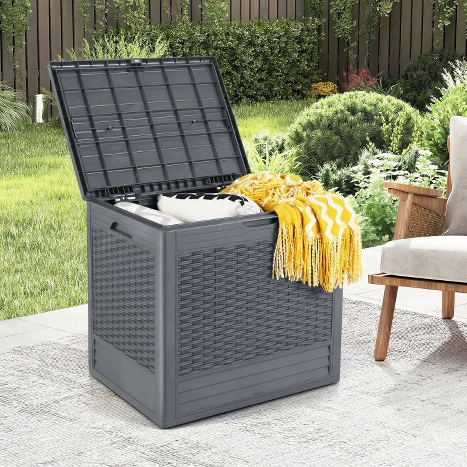 SUGIFT 25-gal 180-lb Capacity Gray All-Weather PP Outdoor Storage Deck Box with Lockable Lid and Rattan Texture
