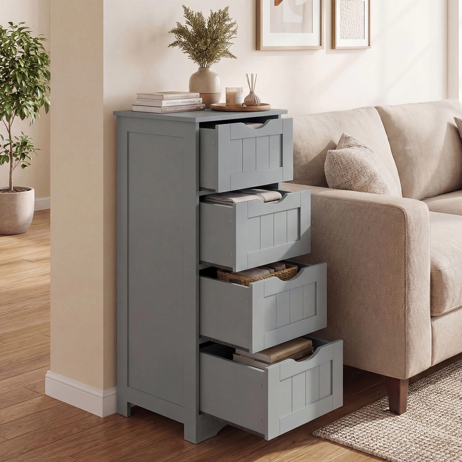 SlickBlue Narrow Bathroom Floor Cabinet with 4 Drawers, Gray