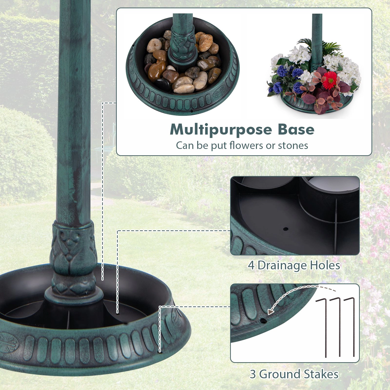 SlickBlue 3-in-1 Outdoor Bird Bath with LED Light, Flower Planter and Seed Bowl