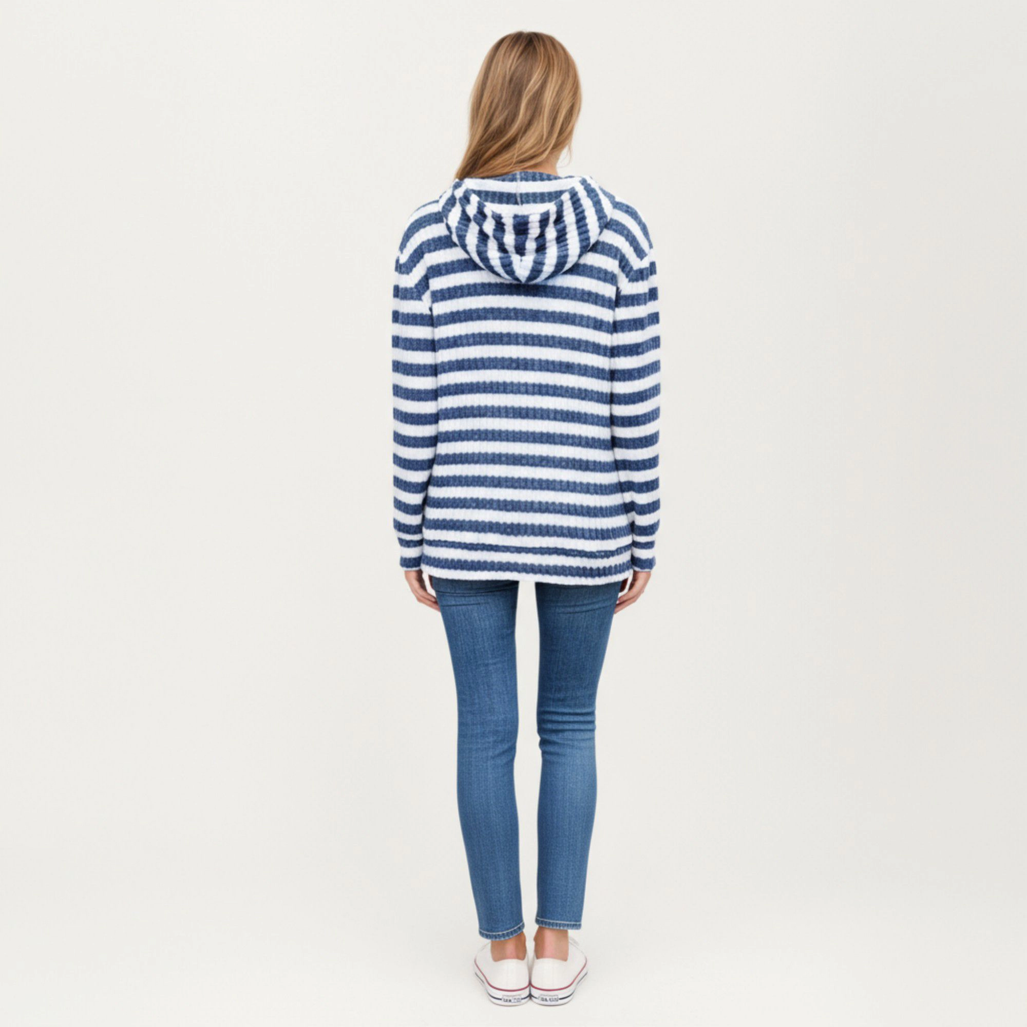 Anna-Kaci Women's Striped Ribbed Tunic Length Kangaroo Pocket Long Sleeve Knit Hoodie Top