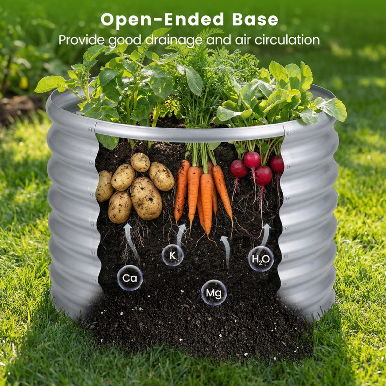 SUGIFT 24-in Round 17-in Deep Galvanized Metal Raised Garden Bed with Corrugated Walls and Open-Ended Base