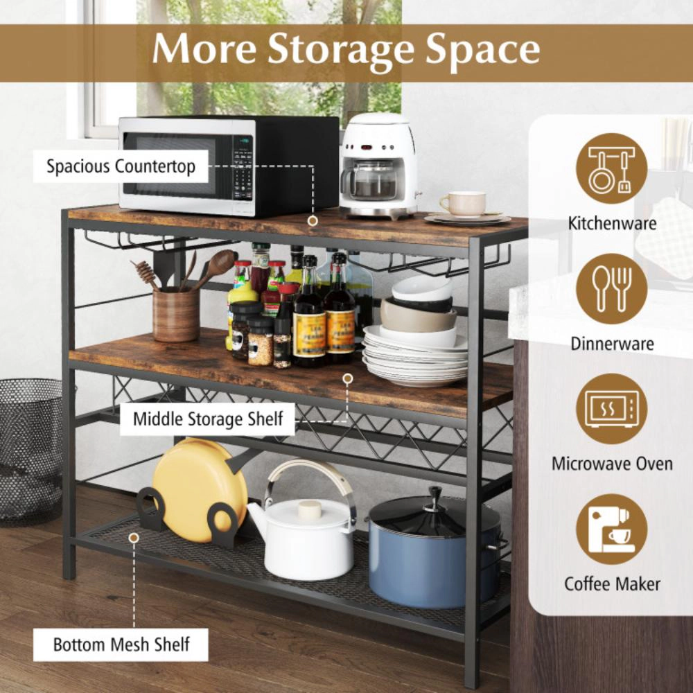 Hivvago 41 Inch 4-Tier Bar Table with Wine Rack and 4 Rows of Glass Holders-Rustic Brown