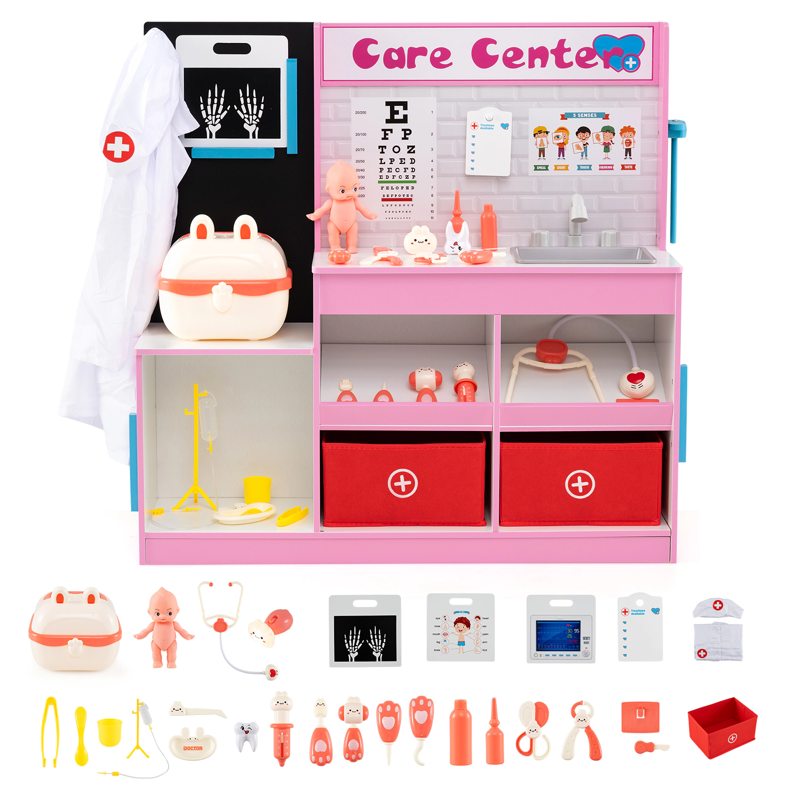 SUGIFT Pink Wooden Doctor Kit for Kids Care Center Playset with Eye Chart X-Ray Film and ECG Monitor 31.5-in Tall