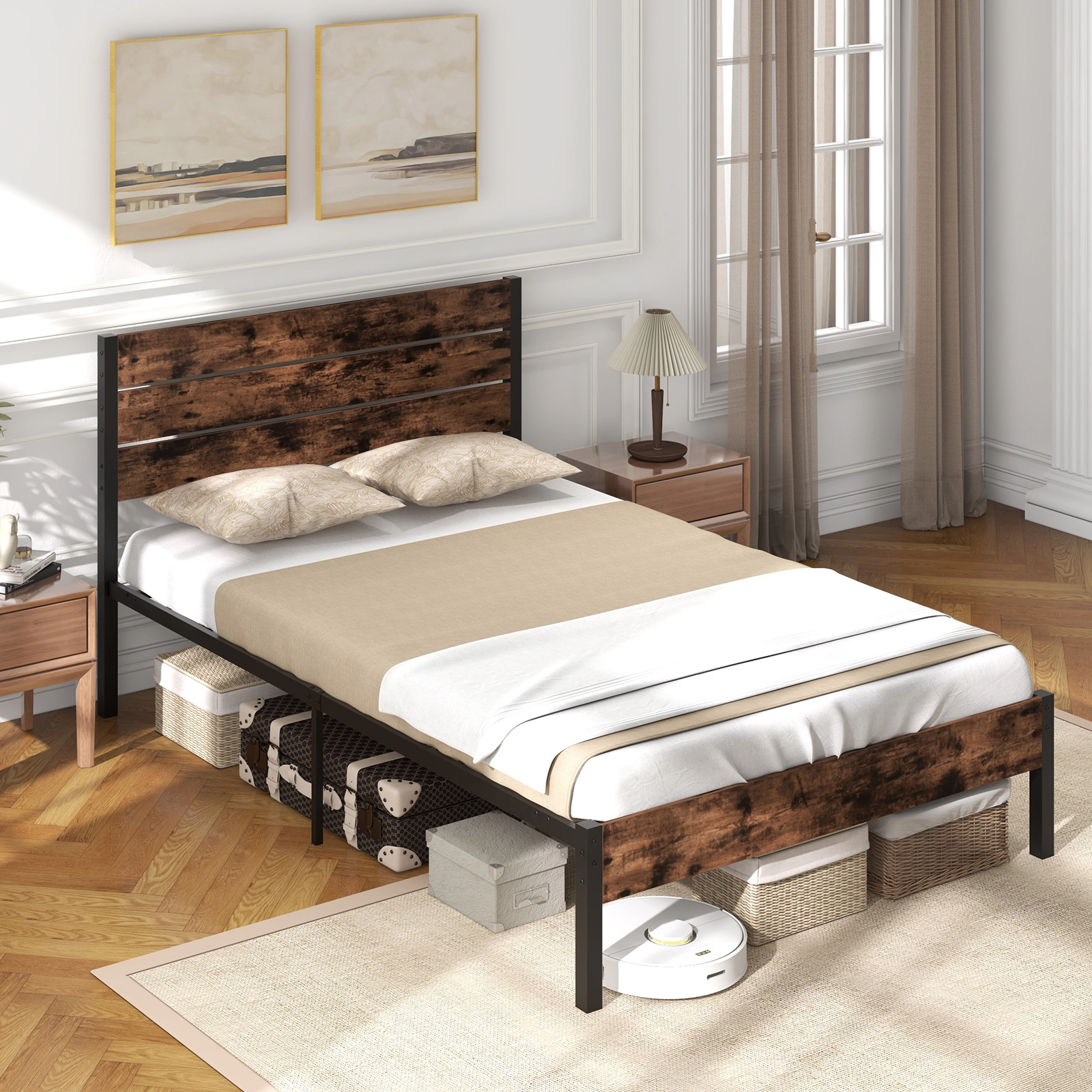 LJG Full/King/Queen/Twin Bed Frame with High Headboard and Mute Bar