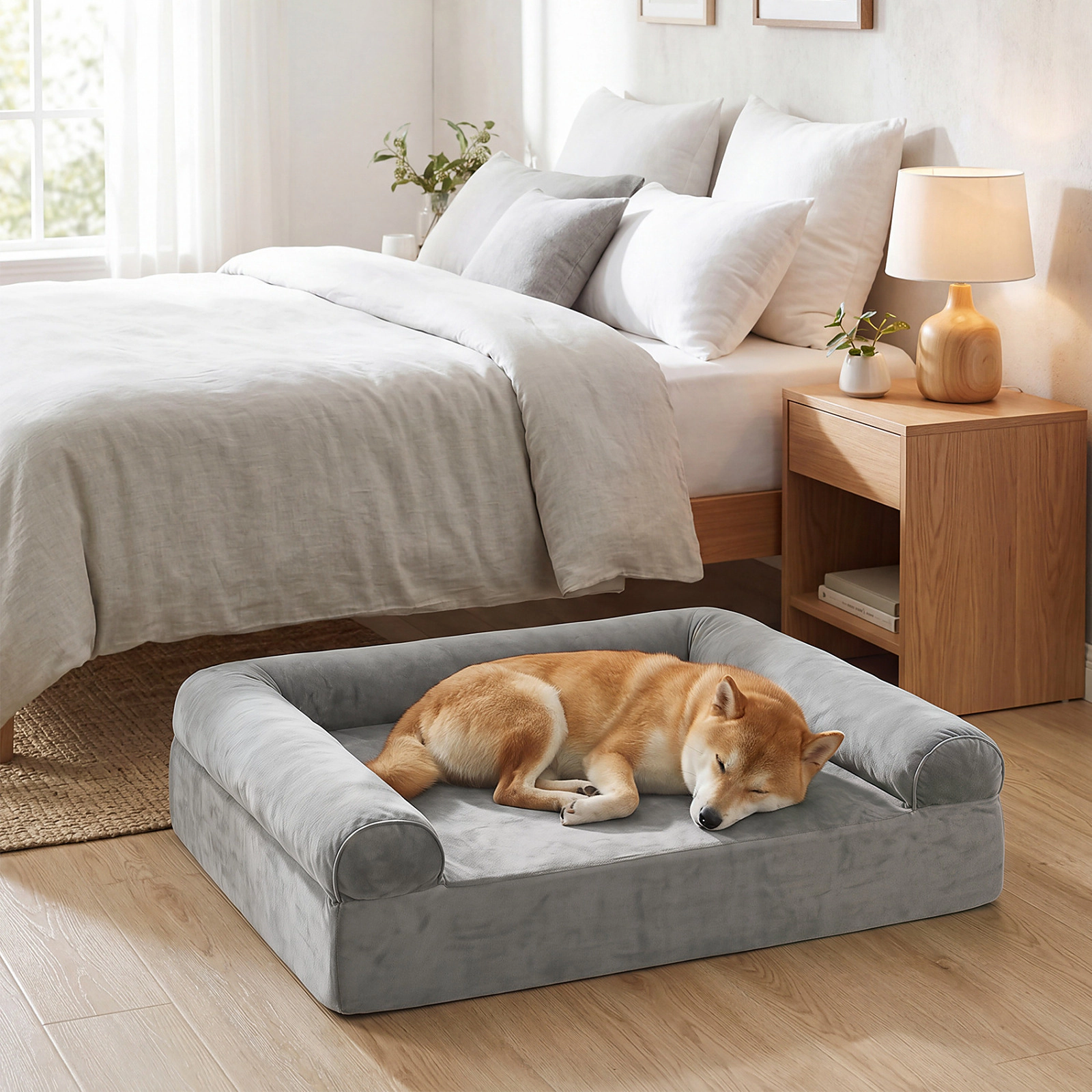 SUGIFT Light Gray Cooling Gel Memory Foam Dog Bed with Bolsters and Washable Cover 41-in W 33-in D 13-in H