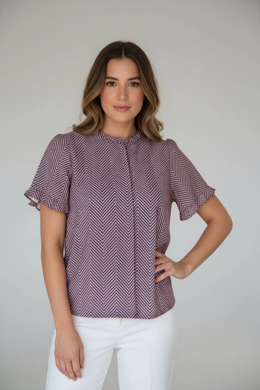DressAtR Women's Ruffle Sleeve and Neck Front Button Opening Tri Line Blouse